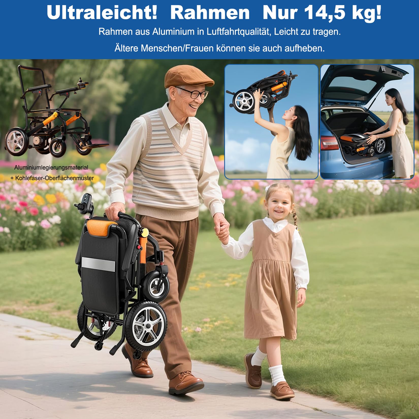Elektrorollstuhl Faltbar Leicht 14.5 kg mit Fernbedienung, Elektrischer Rollstuhl für Senioren & Reise, 400W Motor, 35km Reichweite, 150kg Belastbar (Amperestunden, 20)