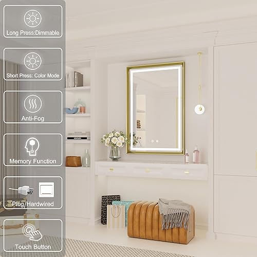 Miniatura 2 de Espejo LED de 24 x 36 pulgadas para baño, marco negro, espejo de baño con luces, regulable, antiniebla, 3 colores de temperaturas 3000 K4500 K6000 K