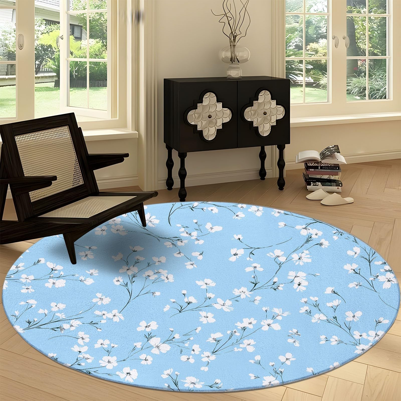 Tappeto Rotondo Lavabile in Lavatrice 120 cm Azzurro Chiaro Piante Fiori Foglie, Tappeto Stampato Pelo Corto Antipelo Minimalista - Moquette Antiscivolo per Soggiorno Camera da Letto Corridoio Ufficio