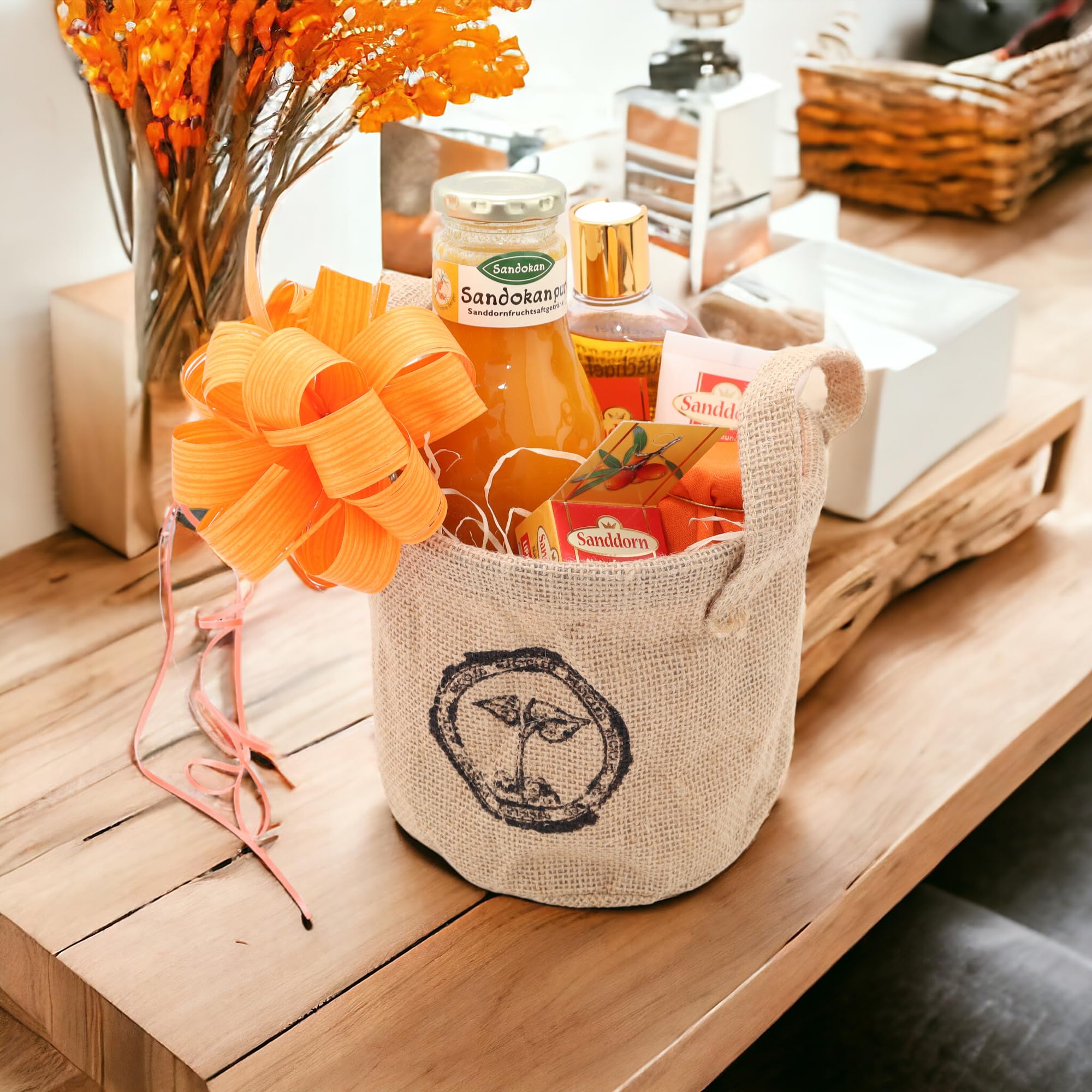 Kleiner Sanddornkorb | Geschenkkorb mit gesunden Köstlichkeiten | Ideal als Genesungsgeschenk | Hochwertige Präsente liebevoll verpackt | Fertig zum Verschenken