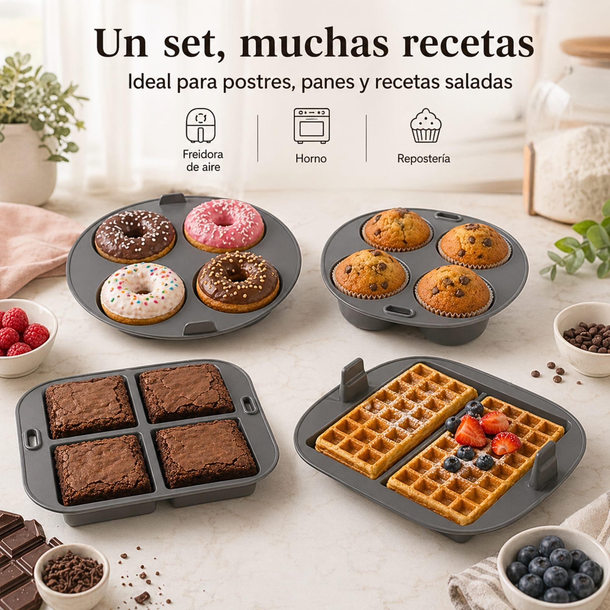 Set 4 moldes silicona freidora de aire – Accesorios air fryer reutilizables con molde cupcakes, donuts, brownies y gofres – Moldes antiadherentes sin BPA, aptos horno y lavavajillas