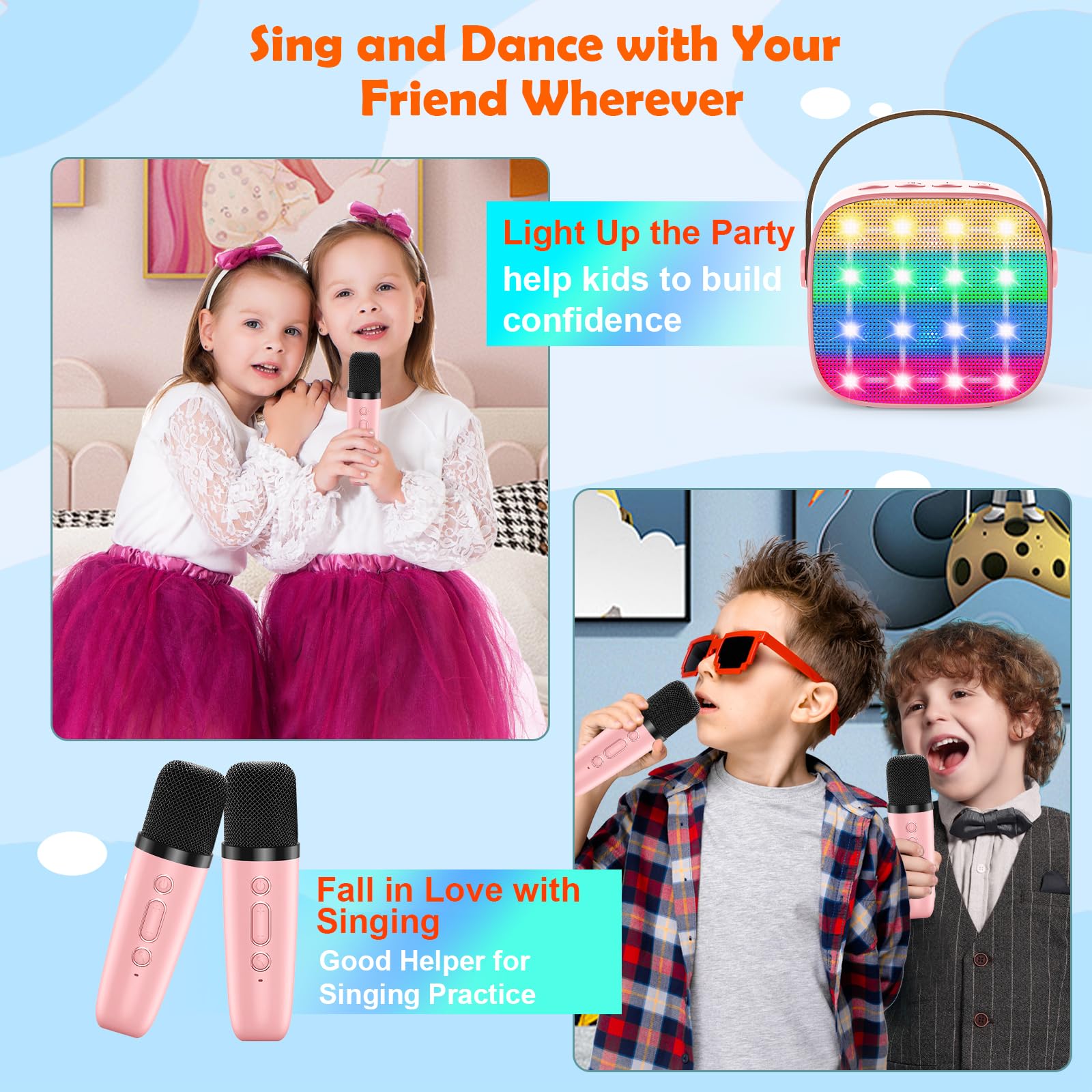Macchina Karaoke per Bambini con 2 Microfoni Wireless - Microfono Bluetooth, Altoparlante Portatile, Cambio Voce, Luci LED, Giocattolo Musicale per Ragazze e Ragazzi, Regalo per Compleanni e Natale