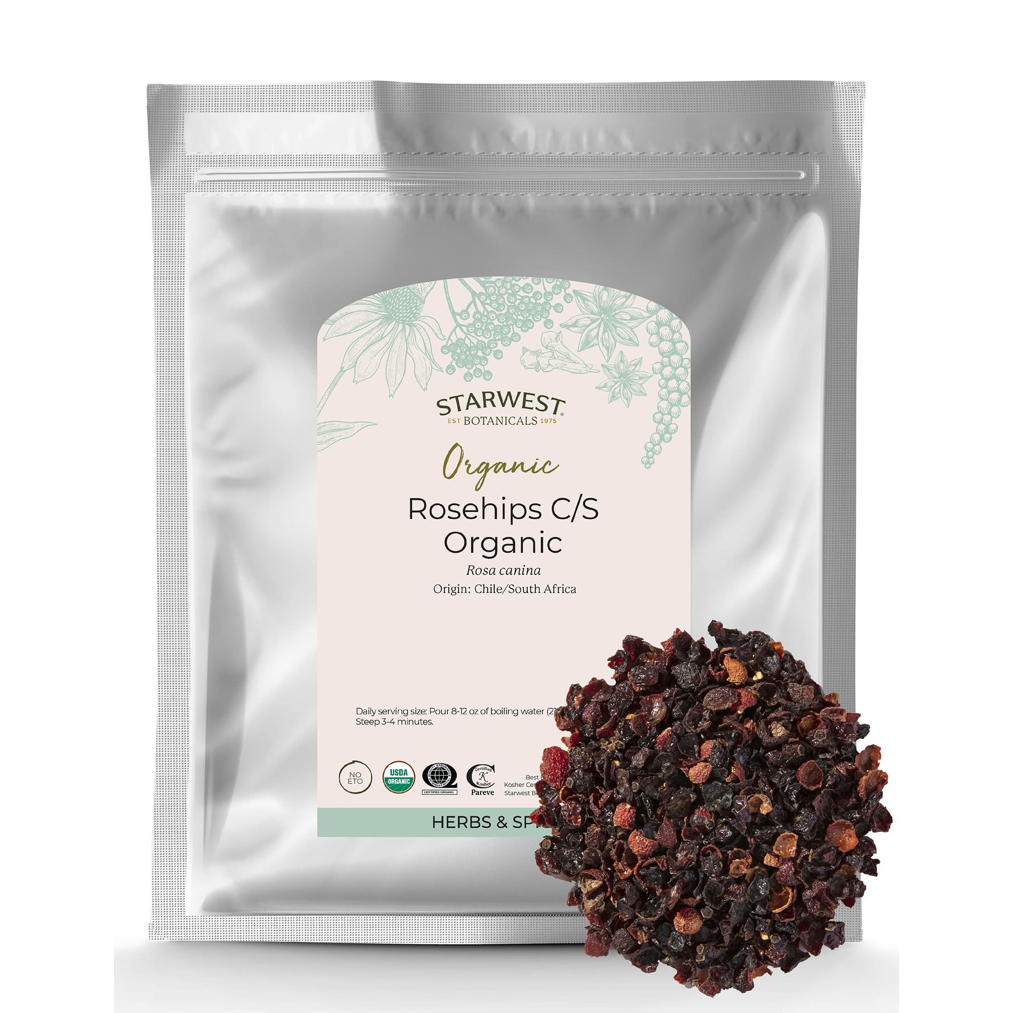 Starwest Botanicals Rosehips Organic - Dried Herb for Tea & Baking, Natural Source of Vitamin C, Seedless, Cut & Sifted, Certified Kosher, Non-GMO - Bulk 1 lb Bag