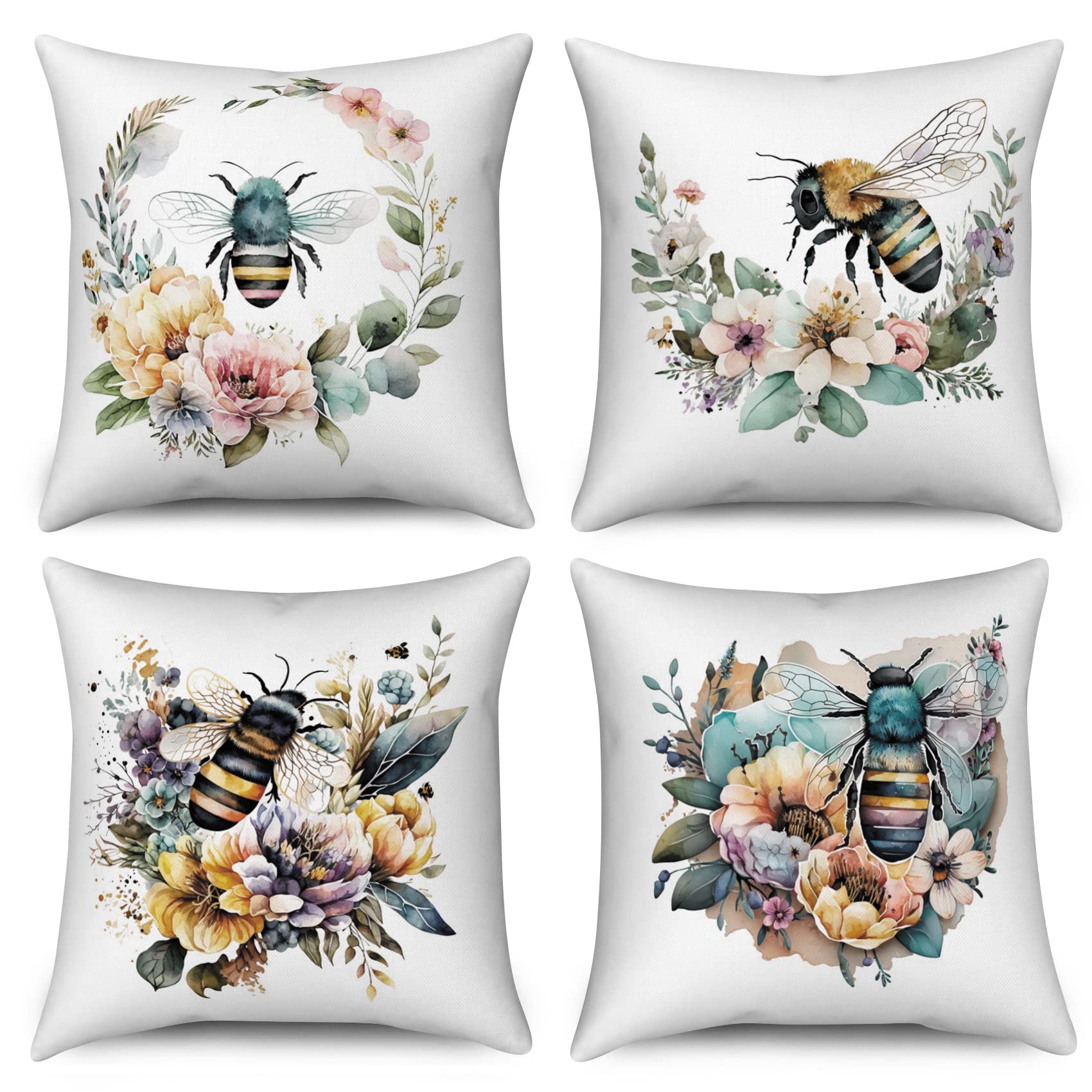 ASDCXZ Flower Pillow Cover 50x50 cm 4pcs Set, Honey Bee Flower Leaves White Sofa Deco Pillow Covers Pillow Cover Washable Polyester Flax Textile Outdoor Pillow Cover Pillow Cover — image 1