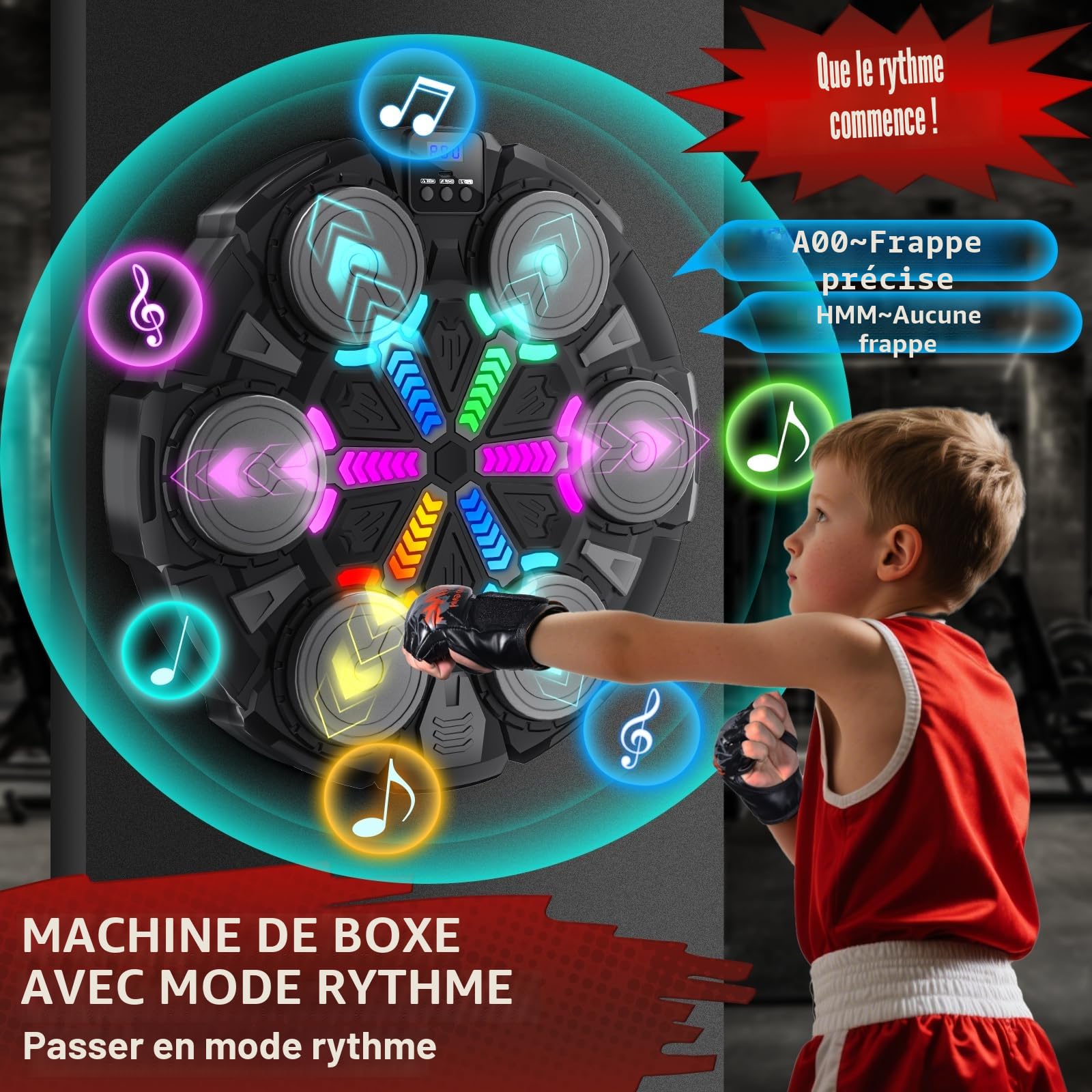 Machine de Boxe Musicale avec Bluetooth, Cible Murale Interactive pour Enfants et Adultes, Équipement d’Entraînement de Boxe Intelligente, Jeu de Boxe Ludique pour la Maison en Famille (Noir)