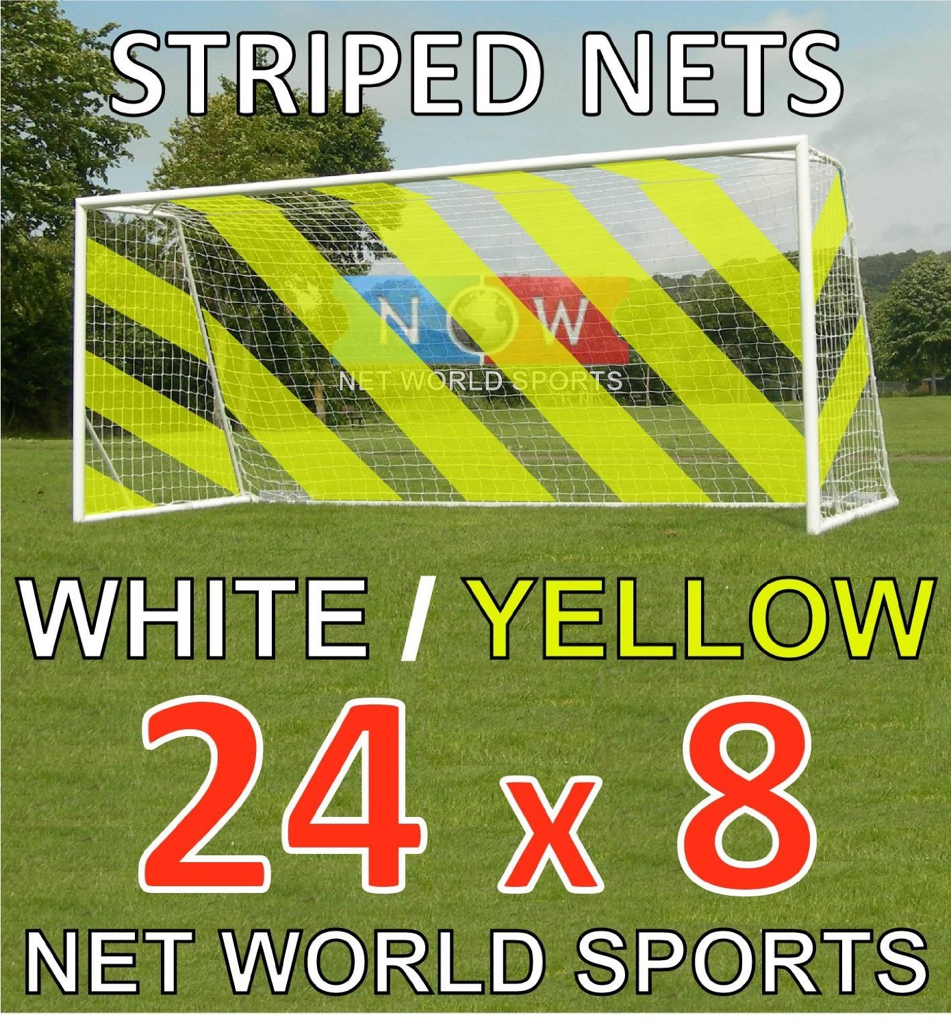 24ft x 8ft Full Size Striped Football Goal Net (3mm) (PAIR) – Choice of 11 Combinations To Match Your Team’s Colours [Net World Sports] (Yellow/White)