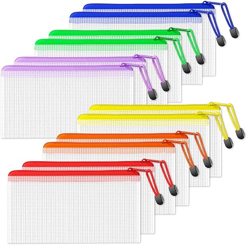 SUNEE Bolsa de Malla de Plástico con Cremallera 4.6x9.2 pulgadas (6 Colores, 12 Paquetes), Pequeña Bolsa con Cremallera Resistente al Agua para