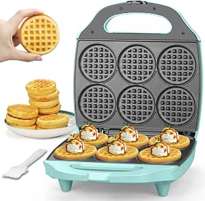Baker's Friend Multi Mini Waffle Maker Machine, 6 x 3'' Small Waffle Iron, Aqua