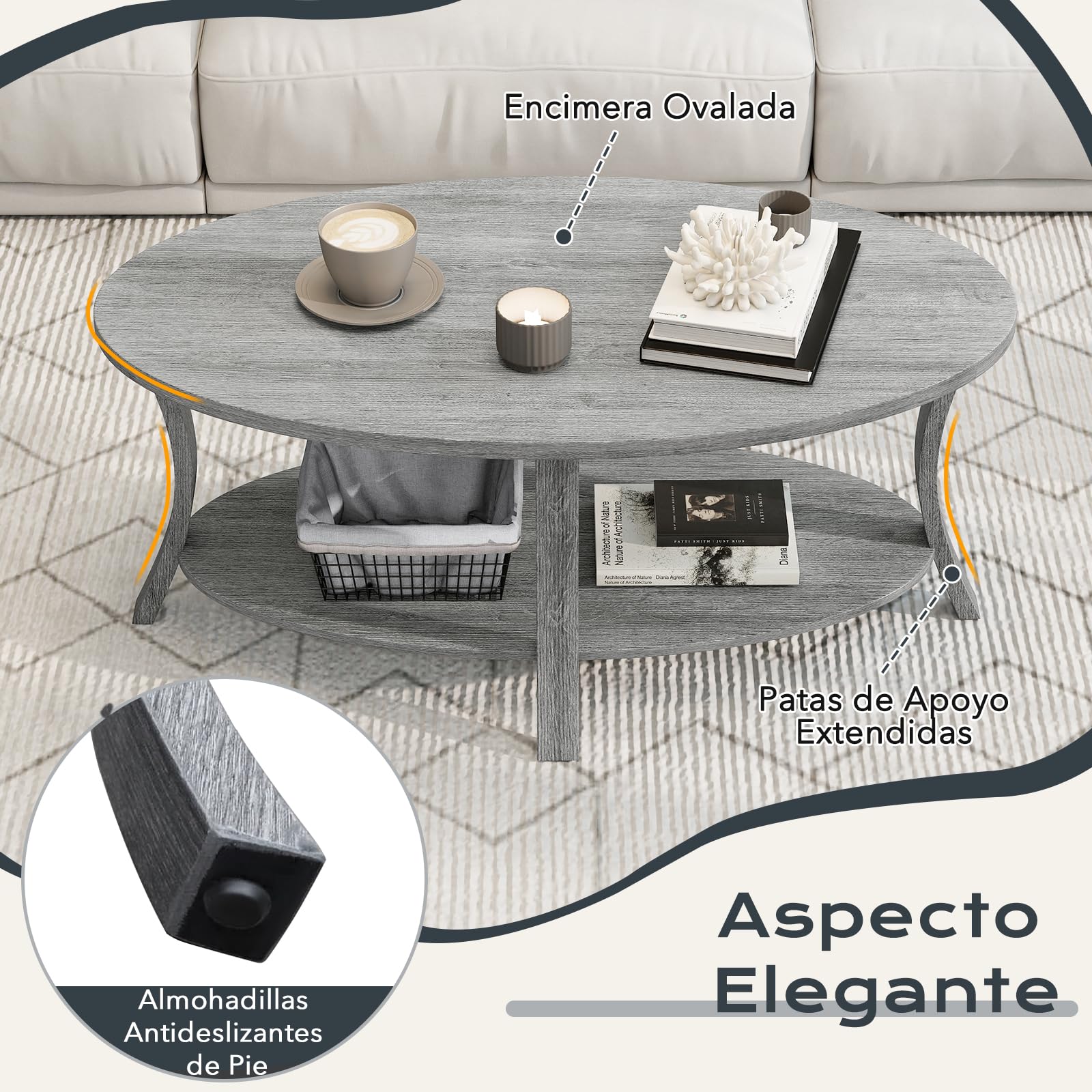 GOPLUS Mesa de Café Ovalada, Mesa Decorativa de Madera de Caucho con Estante de Almacenamiento Abierto, Mesa de Centro de 2 Niveles con Patas de Soporte Robustas para Sala de Estar Estudio (Gris)