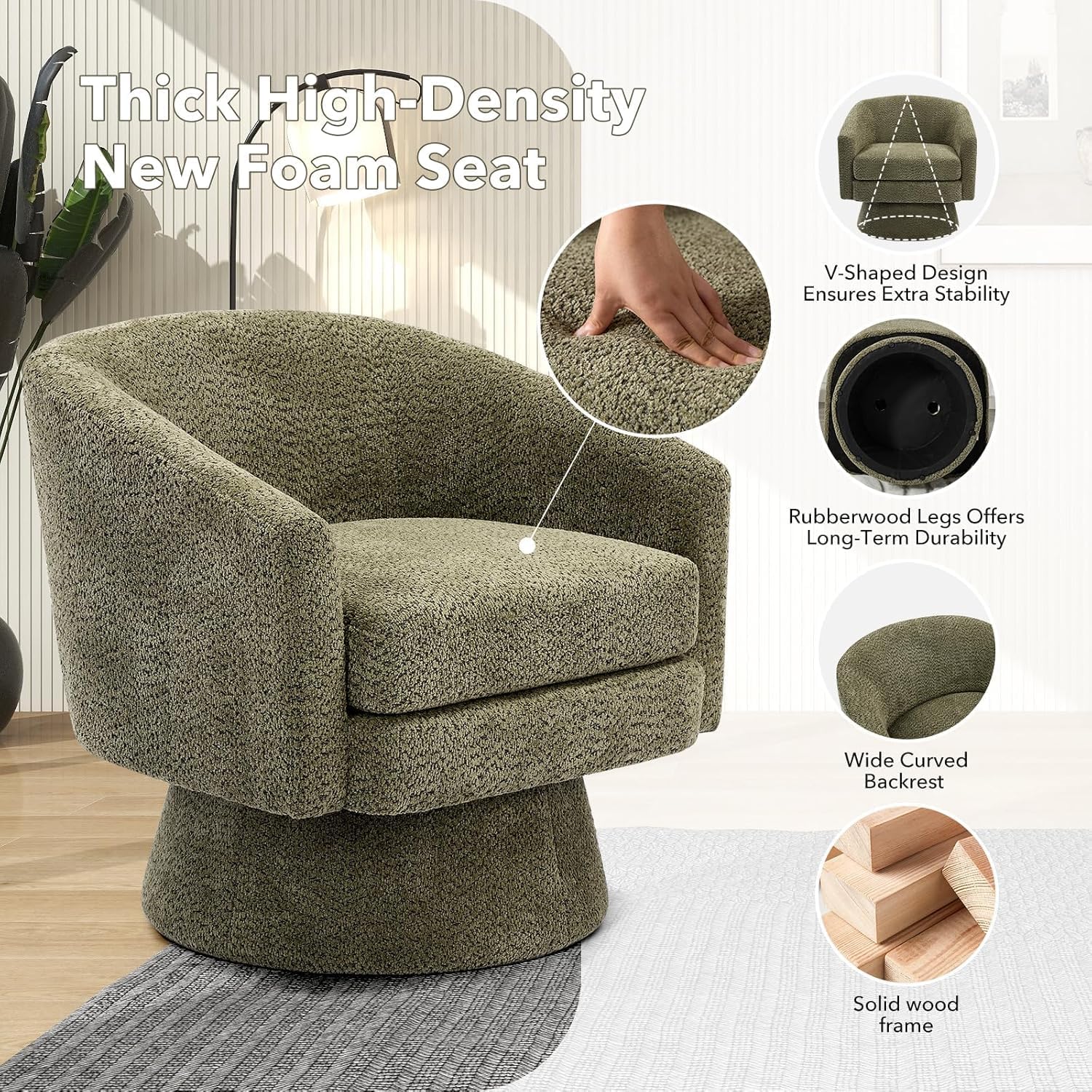 360° Swivel Accent Reading Chair - Chenille Lounge Single Sofa with Storage, Modern Club Armchair for Living Room, Bedroom & Office(Green)