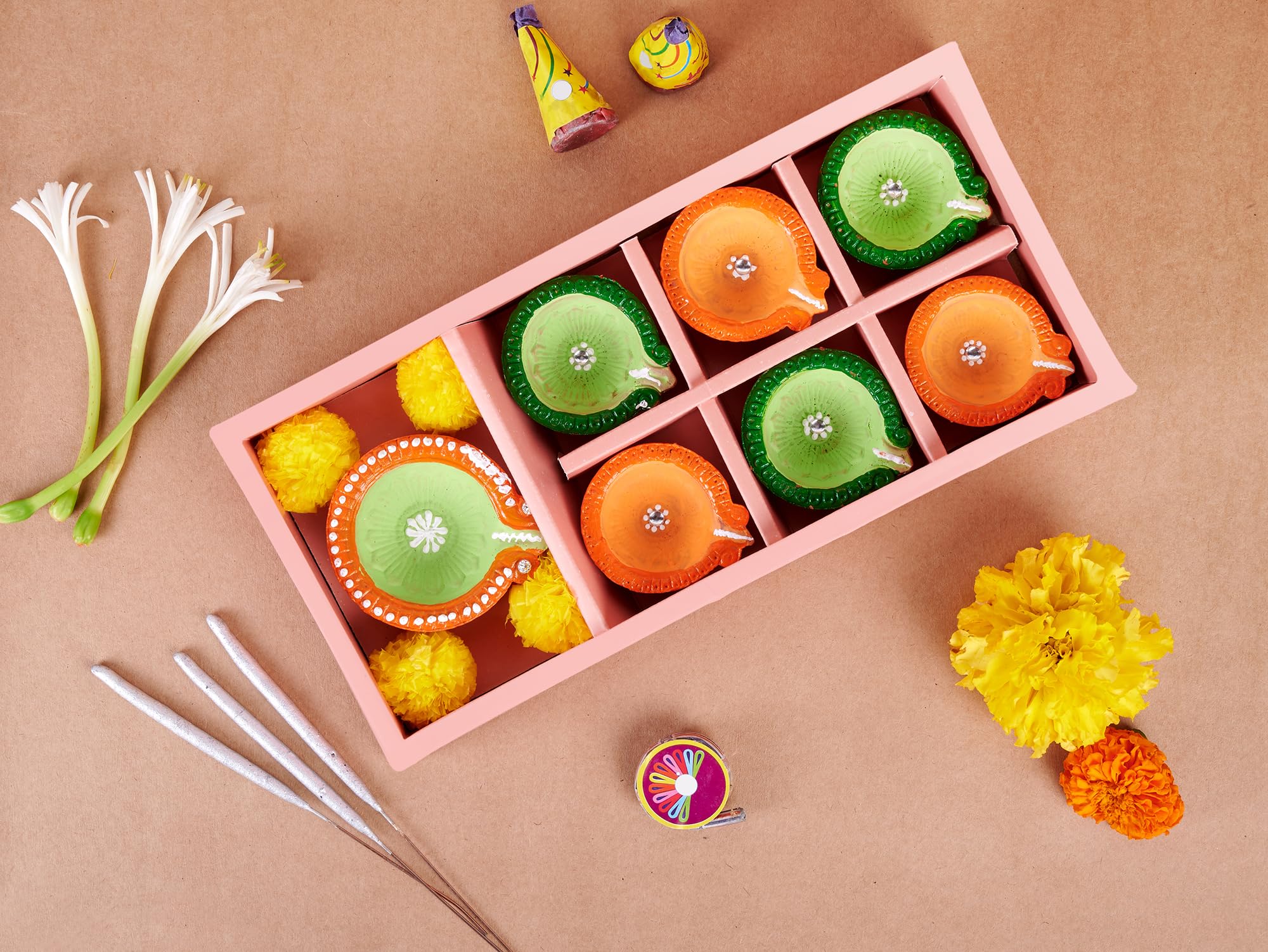 Eximious India Handcrafted Diwali Clay Diyas, Set of 7, Hand-Painted Terracotta Oil Lamps