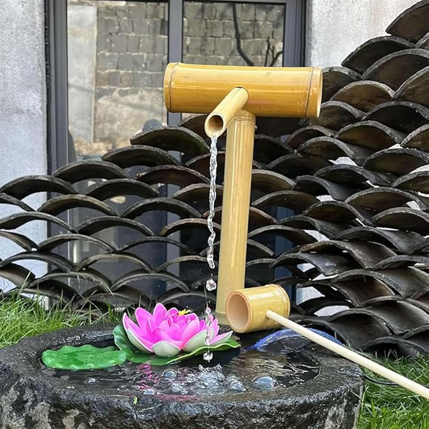 Solar-Powered Bamboo Water Fountain Kit, Feng Shui Zen Garden Fountain, Outdoor Japanese Waterfall, Decorative Pond Feature for Patio and Landscape, 35in(90cm)