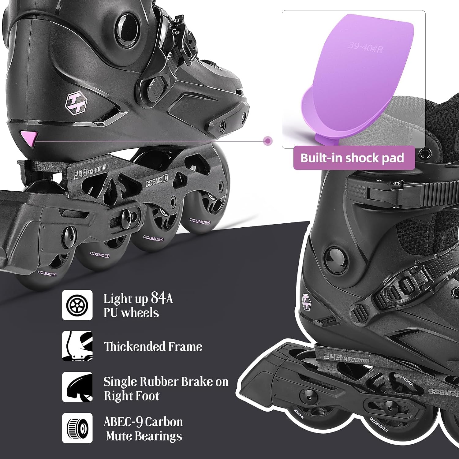 Professional Fitness Inline Skates for Men Women Adults Unisex + Luminescence Light Up Wheels 80mm 90A 8-Pack, Indoor Outdoor Recreation Bundle (Pearl, Size 5-14.5)