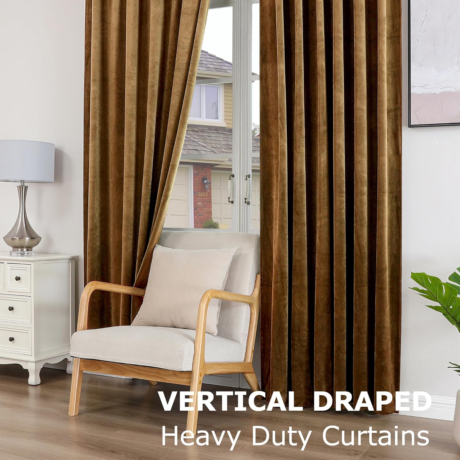 Dchola Gold Brown Velvet Curtains for Bedroom Window with Back Tab, Super Soft Vintage Luxury Heavy Drapes, Room Darkening Thermal Insulated Curtain for Living Room, W52 by L84 inches, 2 Panels
