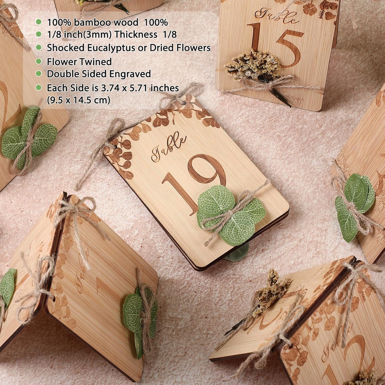 Chunful Wedding Table Numbers 1-20 Wooden Rustic Table Number Signs for Wedding Reception Double-Sided Printing Centerpiece for Party Bridal Shower Banquet Restaurant Decoration 4'' x 6''(Eucalyptus)