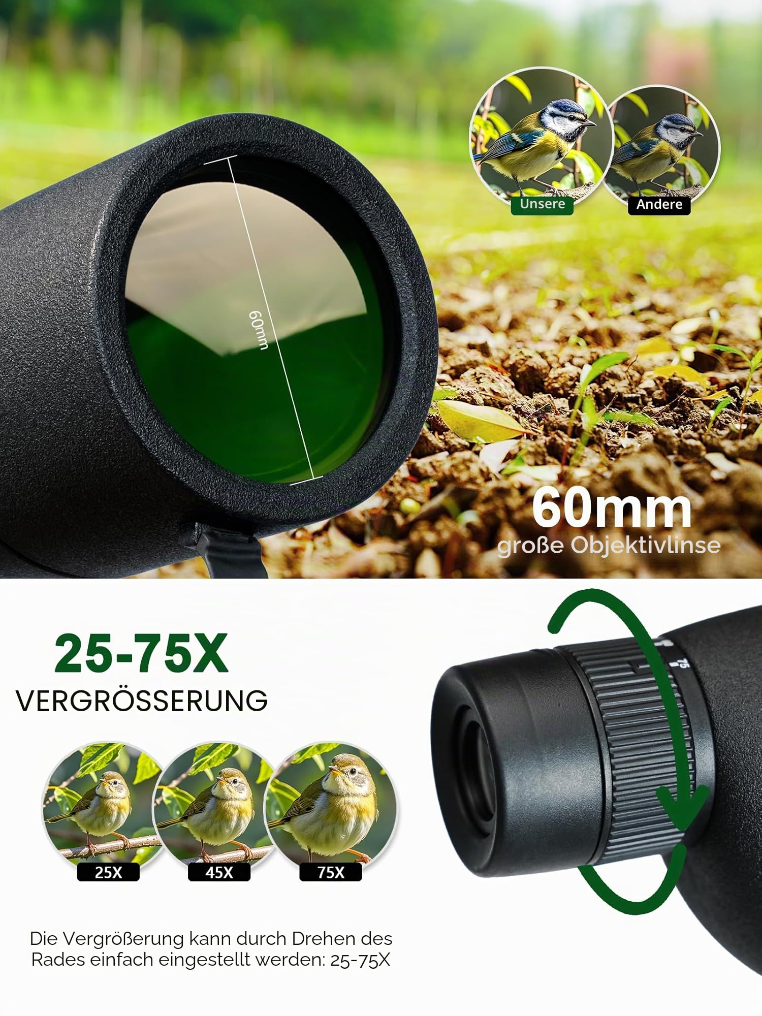 Spektiv Monokular Teleskop 25-75x60 HD Hohe Vergrößerung Nachtsicht für Jagd Vogelbeobachtung