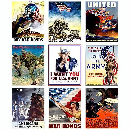 WW2 Propaganda Memorabilia Poster - World War 2 Military Army Vintage American Wall Art Decor - Set of 9 Unframed 8 x 10 Prints