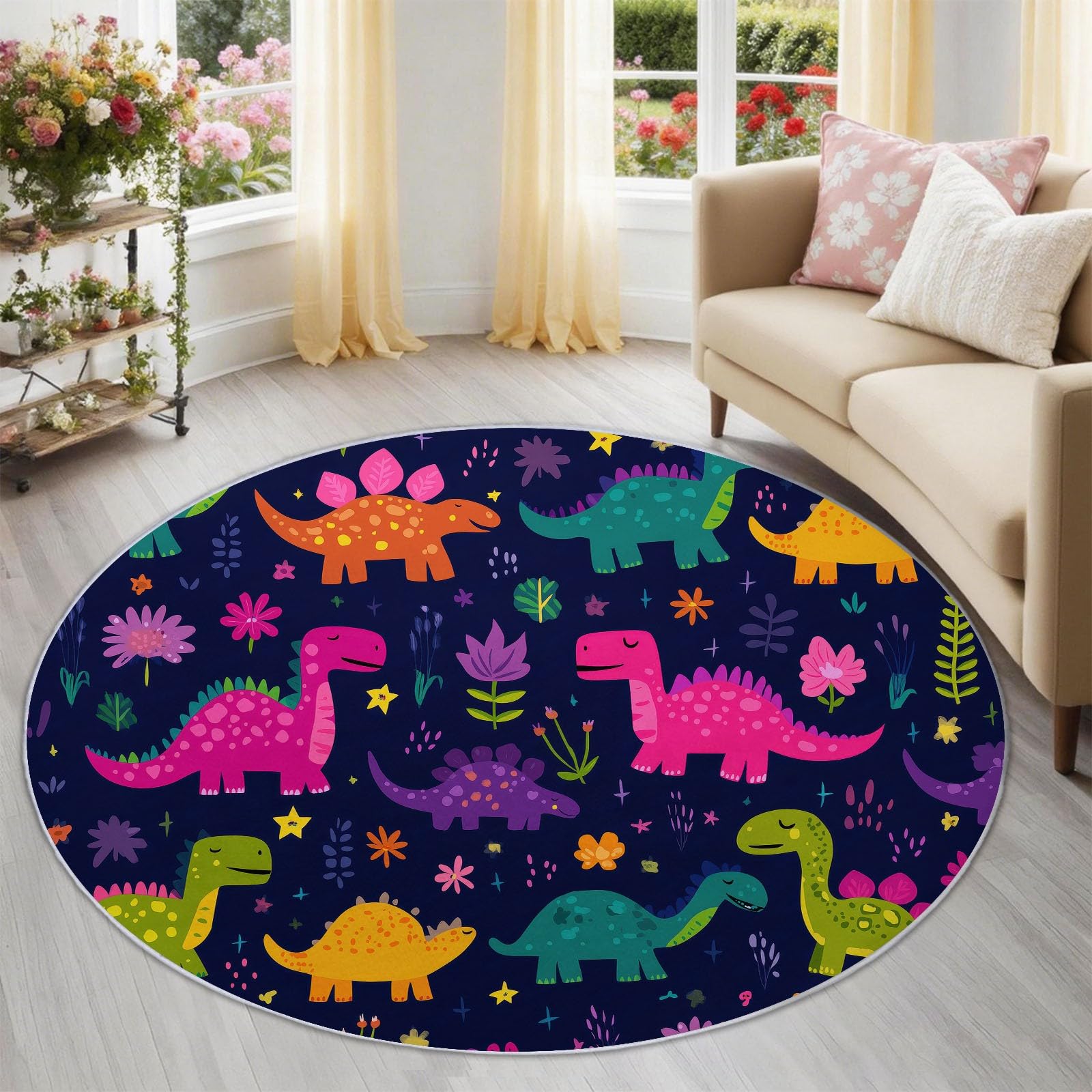 Generisch Okrągły dywan 120 cm, ciemnoniebieski, motyw dinozaurów Kawaii i kwiatów, miękki i nadający się do prania dywan akcentujący, antypoślizgowa mata do sypialni i pokoju dziecięcego