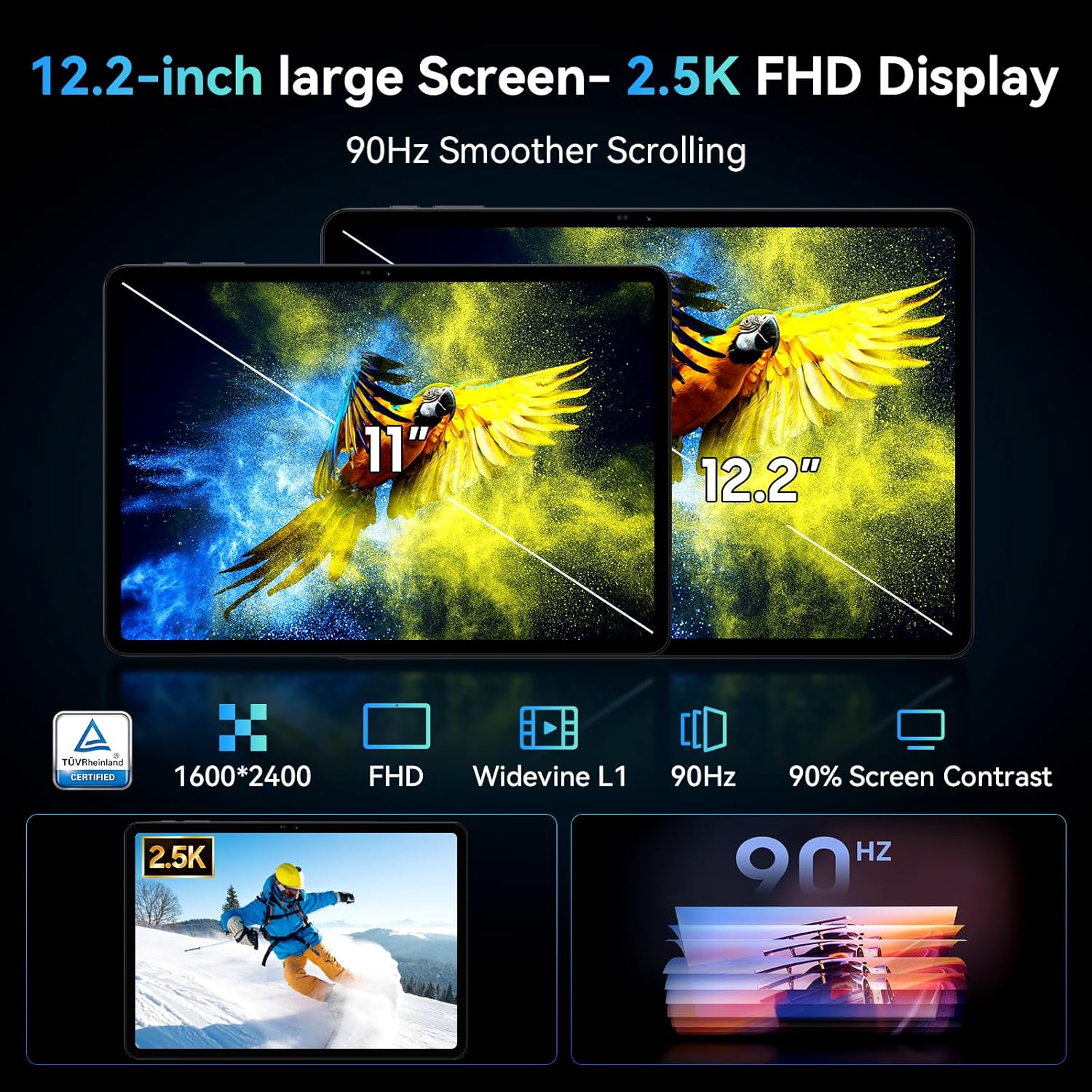 TABWEE T60 tablet display showing vibrant colors and comparison with a smaller screen.