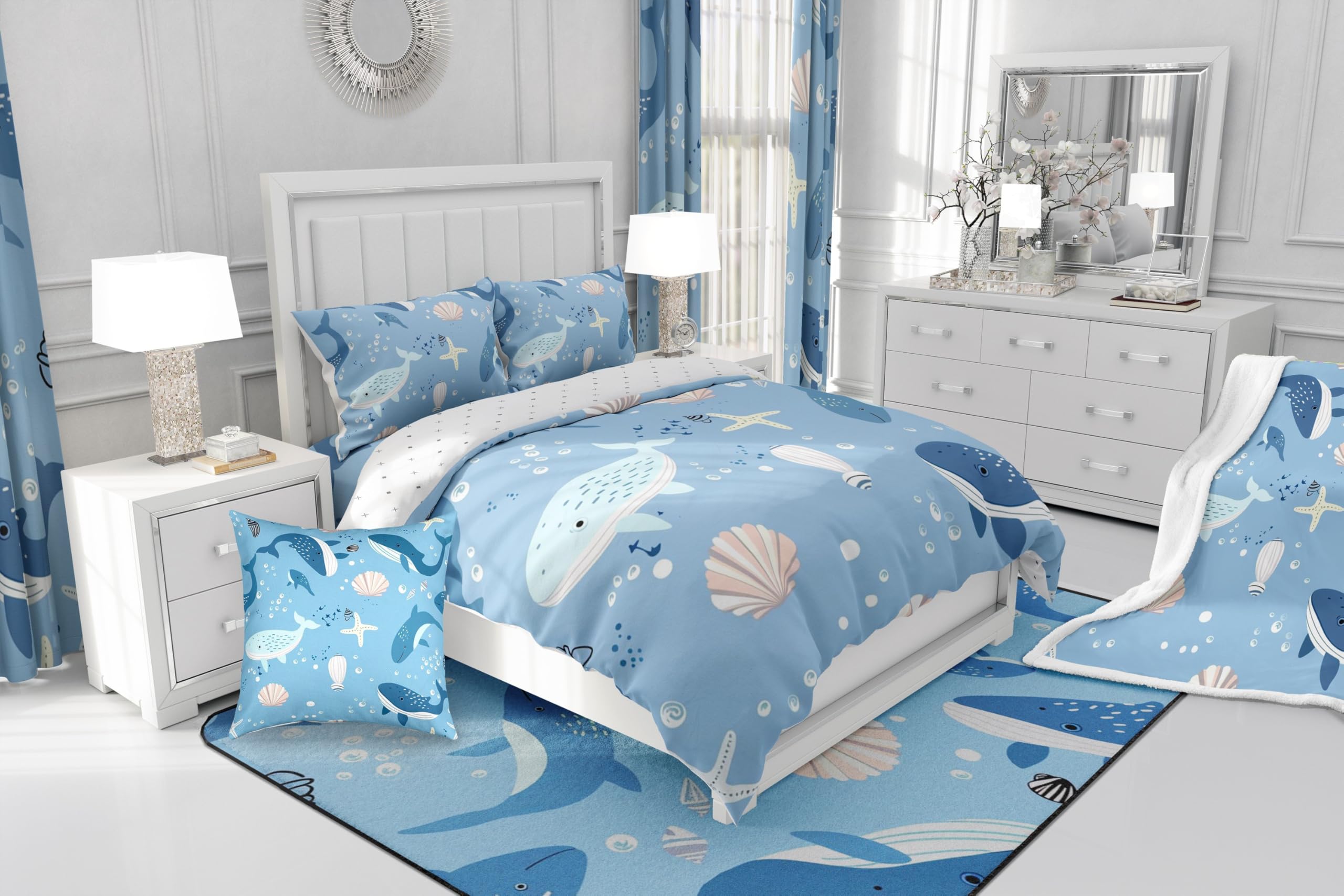 Loussiesd Kinder Wal Baumwolle Bettwäsche Set 135x200cm Jungen Mädchen Fische Bettbezug Set Muscheln Betten Set Unterwasser Welt Meereslebewesen Sealife Bettdeckenbezug