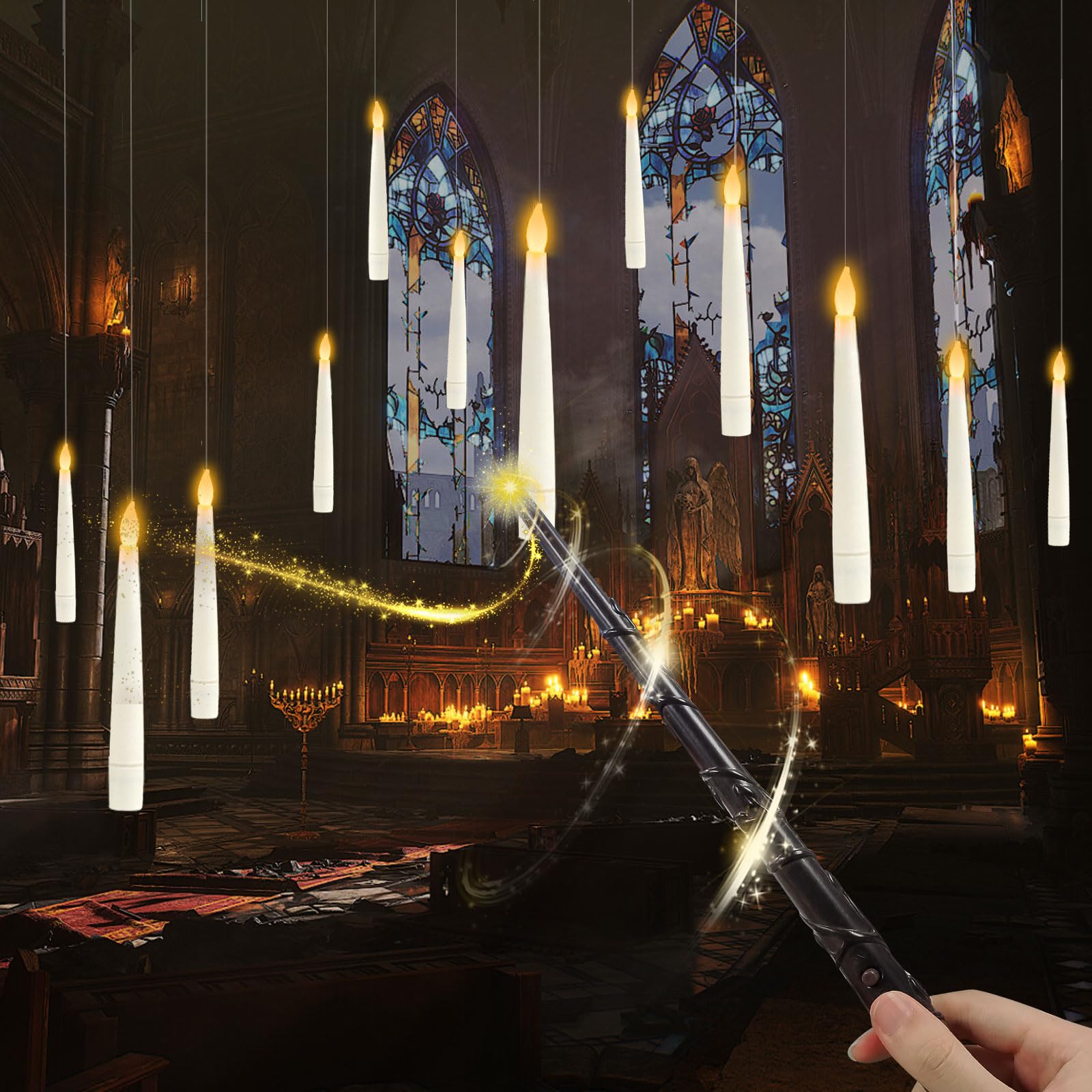 Floating Candles, 12 sztuk, 16,8 cm, migoczące świece z pilotem zdalnego sterowania Har-ry Potter, magiczna różdżka, świece Har-ry Potter i magiczna różdżka, pilot zdalnego sterowania,