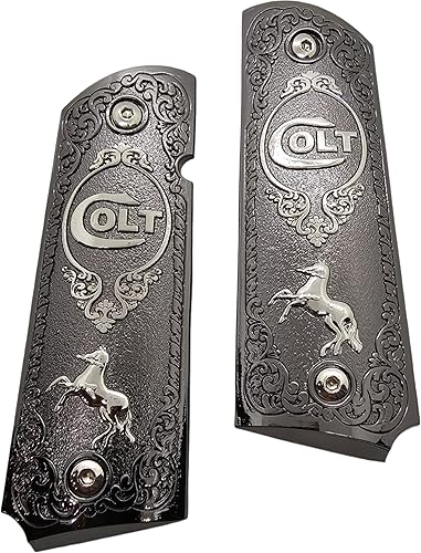 Miniatura 5 de Paneles de agarre de metal 1911 de tamaño completo, color negro con detalles de níquel, diseño de caballo desenfrenado, compatible con modelos y