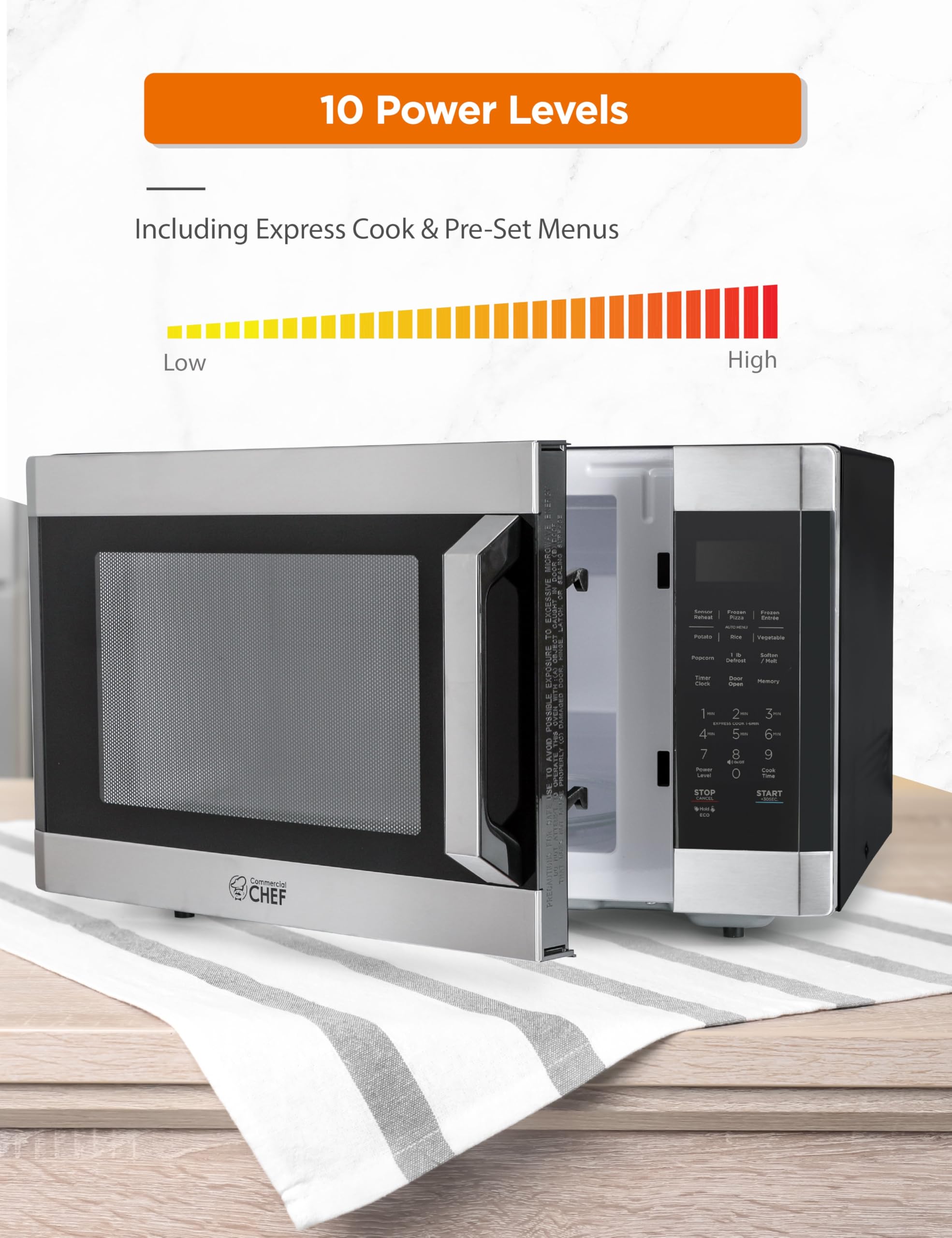 Microondas de 1.6 pies cúbicos con 10 niveles de potencia, microondas pequeño con mango de tracción para niños, microondas de 1100 vatios con paneles de control digital, acero 3