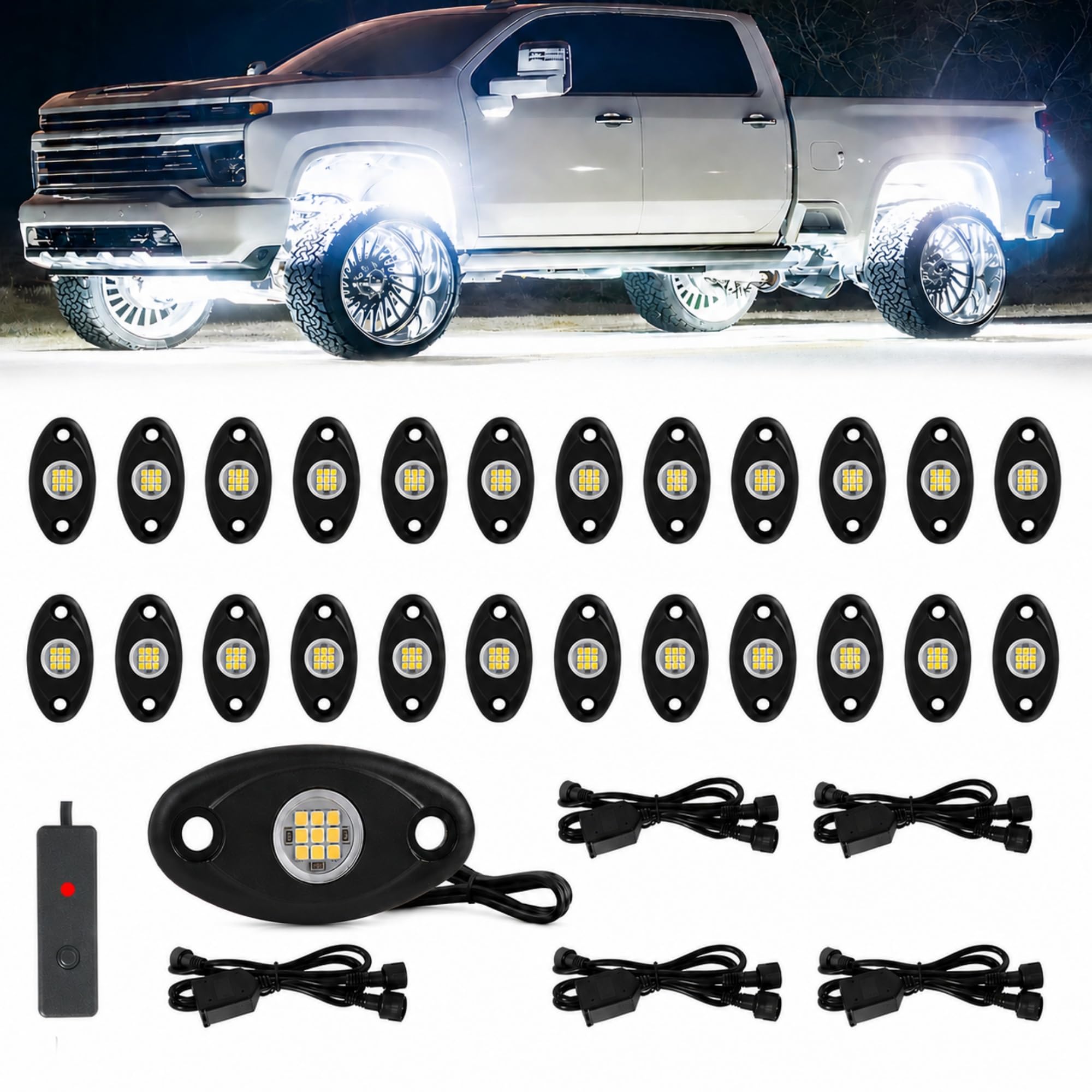 24pods White Rock Lights kit Dc 12v-80v 6000k Aluminum Pure White Led Rock Lights with Switch Wiring Harness Kit Ip68 Waterproof for Trucks Pickup Offroad Car SUV Utv ATV Rv Fends Underglow Lights