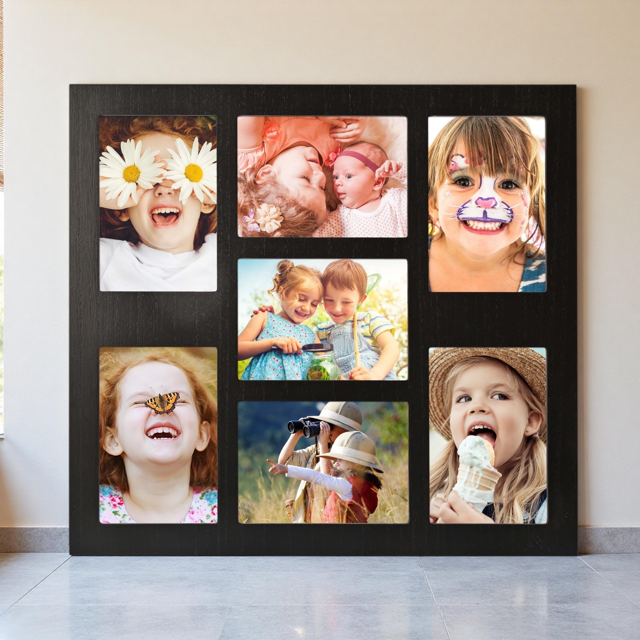 Donmills Cadre Photo 7 Ouvertures - 10x15cm - Bois Naturel - Support Table/Mural - 33x38cm Total