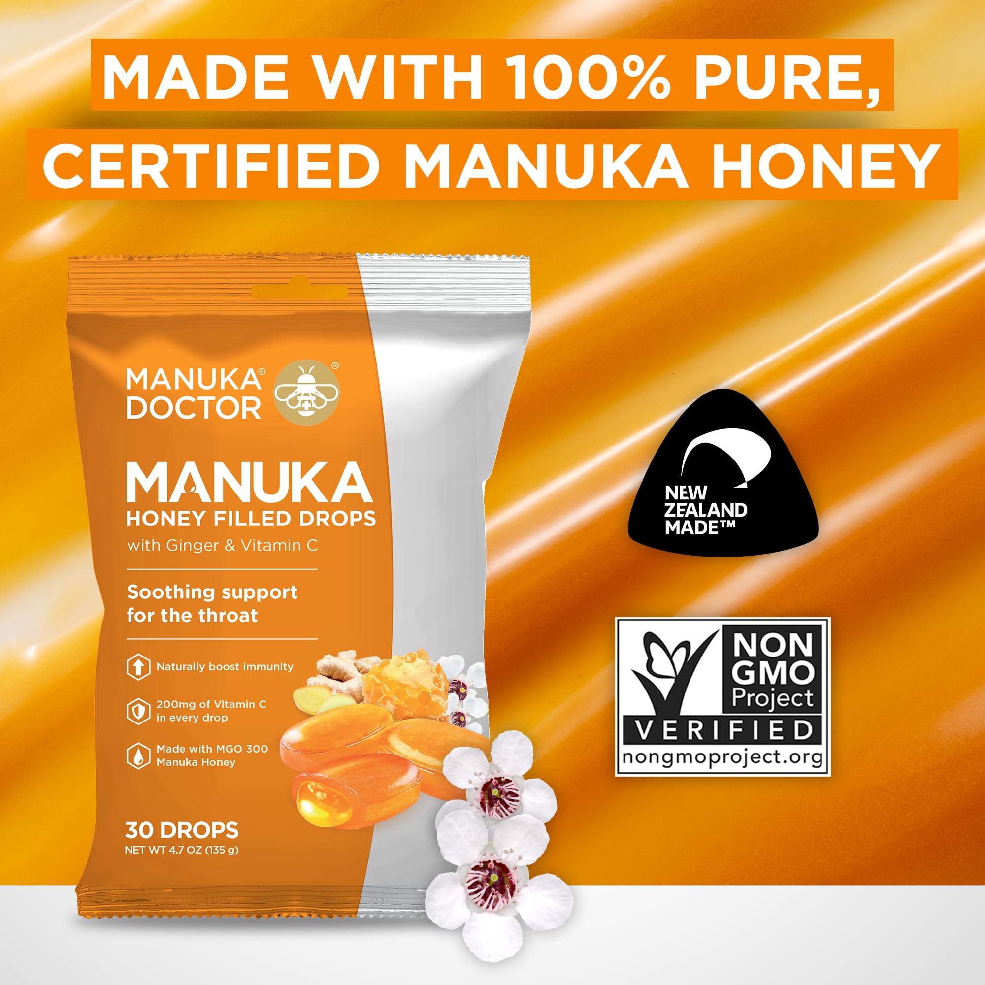 Manuka Doctor Cough Drops, Raw Manuka Honey, Ginger & Vitamin C, 30 Count, Manuka Middles, Runny MGO 300 Honey-Filled Throat Lozenges for Dry or Sore Throat and Immune Support, Helps Calm Throat — Amazon image 6
