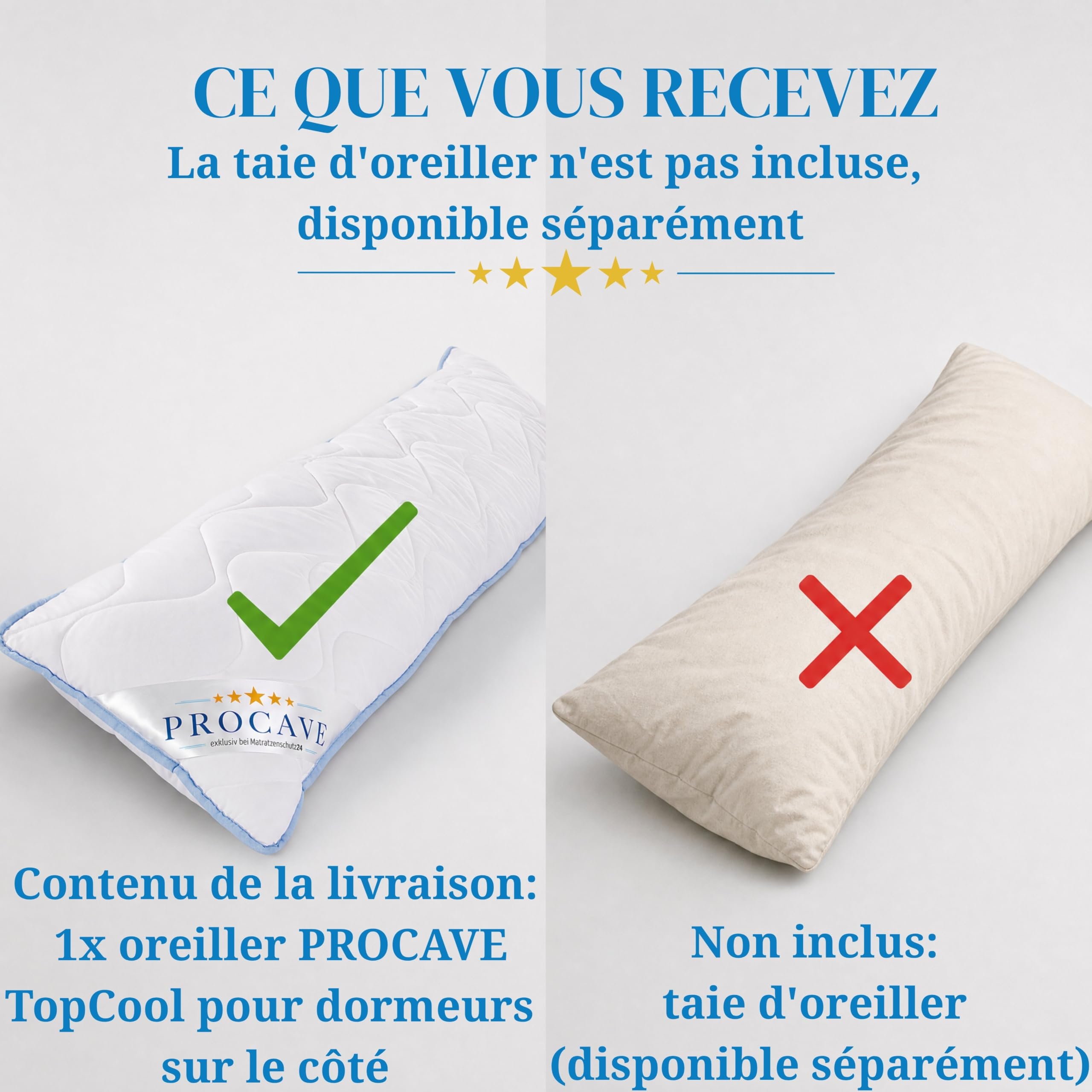 PROCAVE Oreiller pour dormeur latéral, revêtement TopCool, Coussin d’Allaitement Doux, Coussin de maternité Respirant 40x145 cm, fabriqué en Allemagne