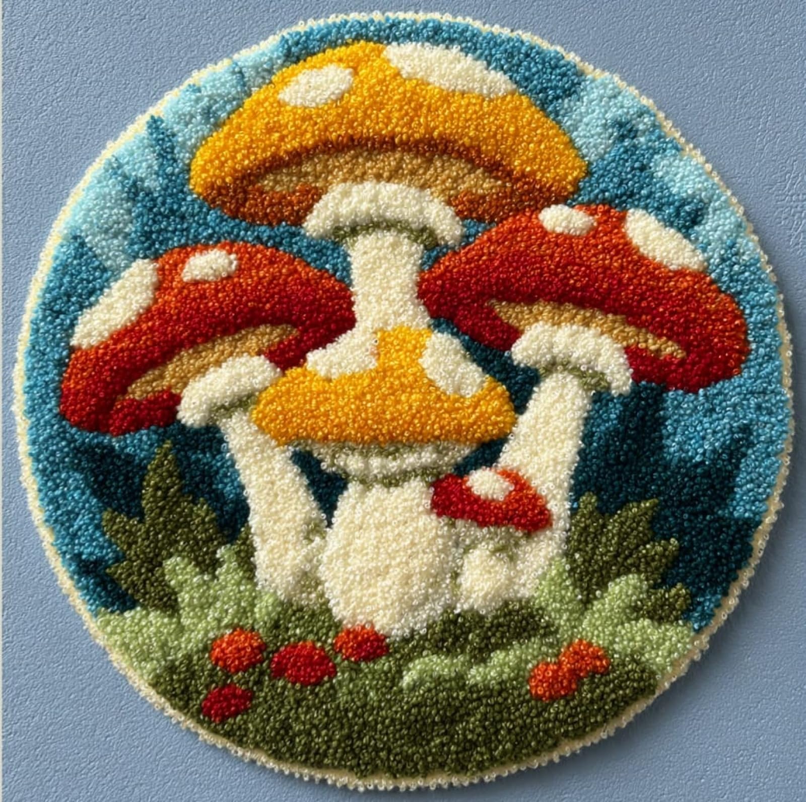 WallustrioaW 3D Latch Hook Rug Kit,Dreamy Mushrooms,DIY Latch Hook Kit Rug Making Crafts for Kids and Adults,Embroidery Carpet Cushion with Sewing Tool,50x50cm