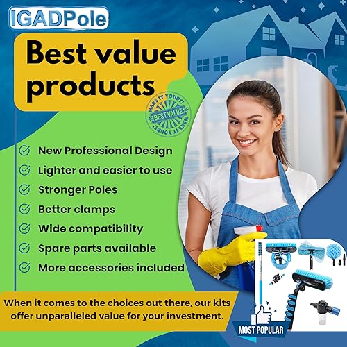 Miniatura 6 de Escobilla de mango largo IGADPole de 17 pies kit profesional de limpieza de ventanas con poste de extensión de aluminio de 24 pies, adecuado para