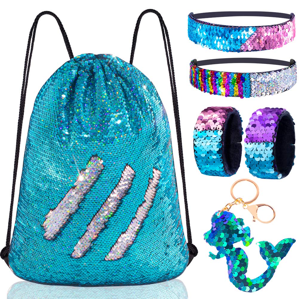 GA&EN Mermaid Reversible Sequin Drawstring Backpack/Bag Iridescent Dotted Blue/Silver for Kids Girls One_Size