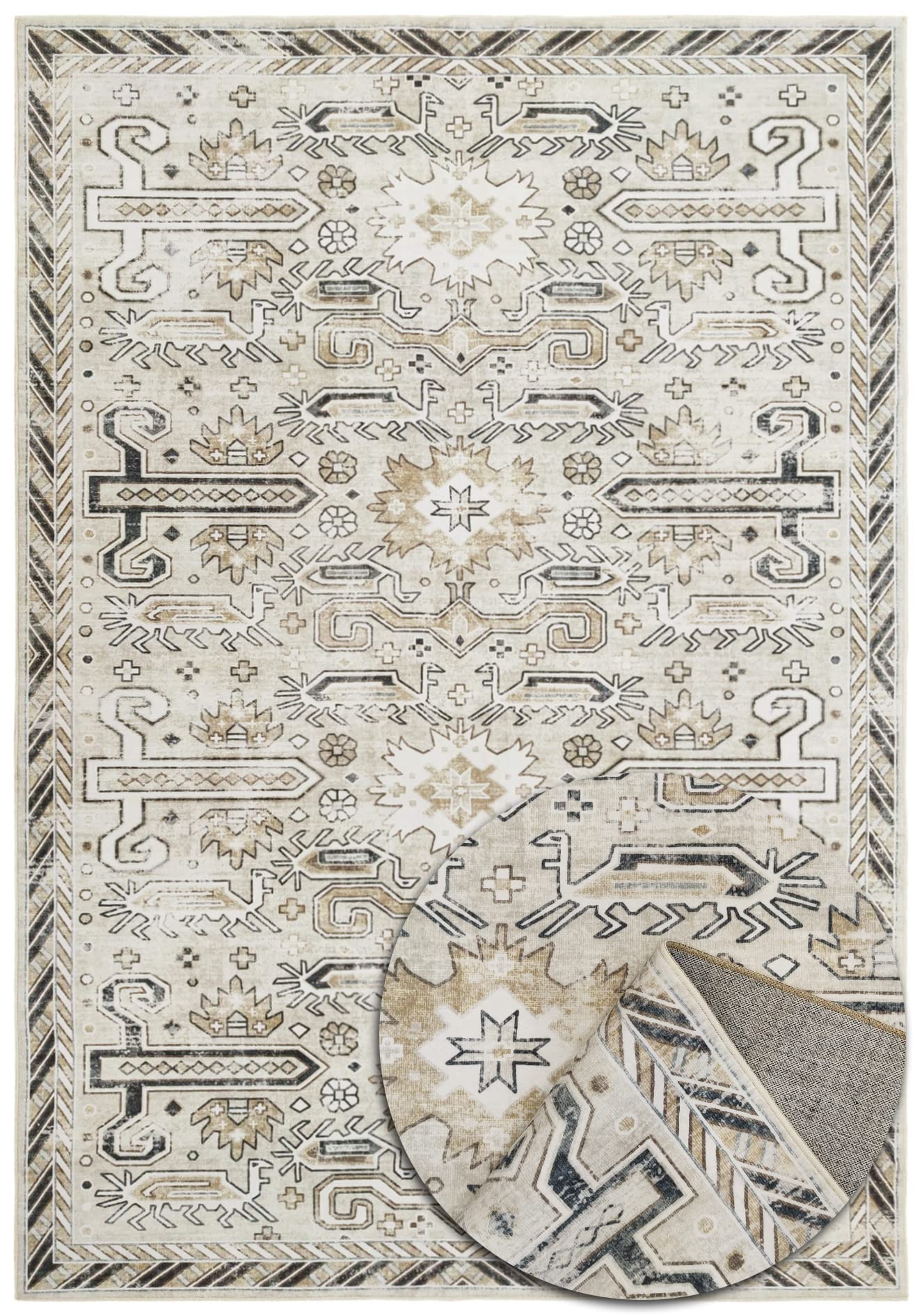 TESSO LIVING Tapis Vintage Oriental - Doux - Lavable en Machine - Antidérapant - Fibre Polyester Premium - Crème - 160cm x 230cm
