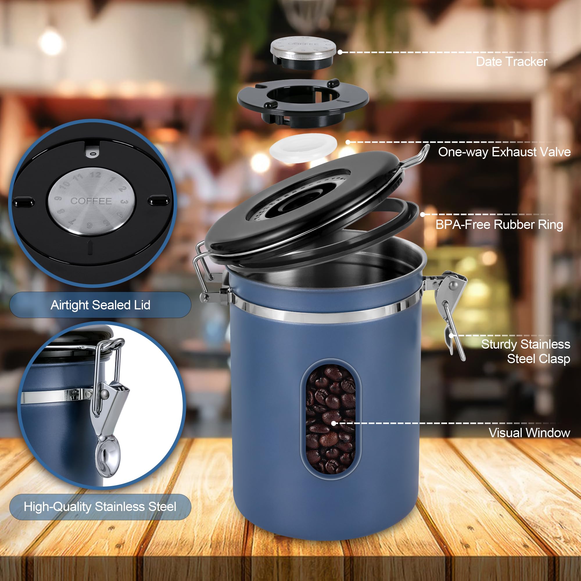 ROCKY&CHAO Lattina Caffè Ermetica 1,8L - Acciaio Inox Nero Con Valvola E Cucchiaino - Foto 14