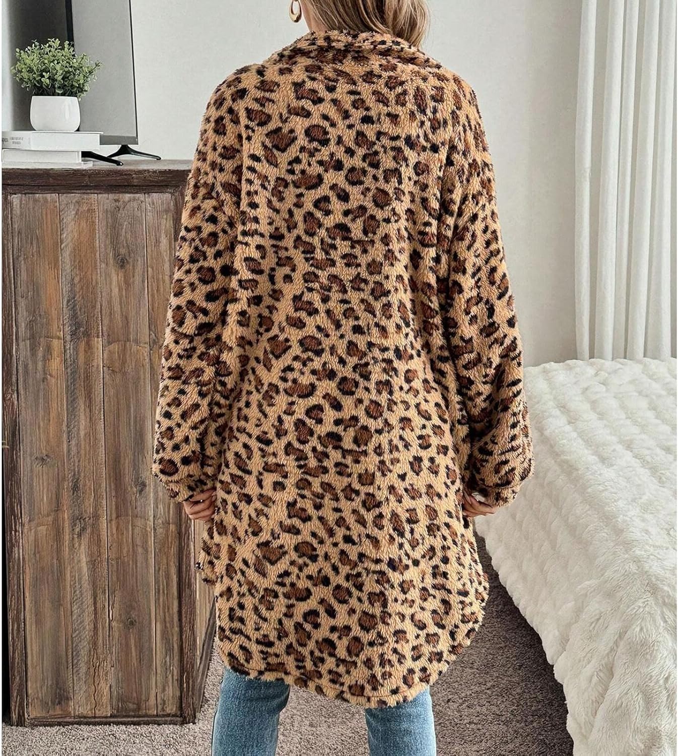 Zeavitt Women's Faux Fur Long Jacket Fleece Leopard Printed Button Down Coats Lapel Flannel Jacket Winter Fall Outwear - Image 3