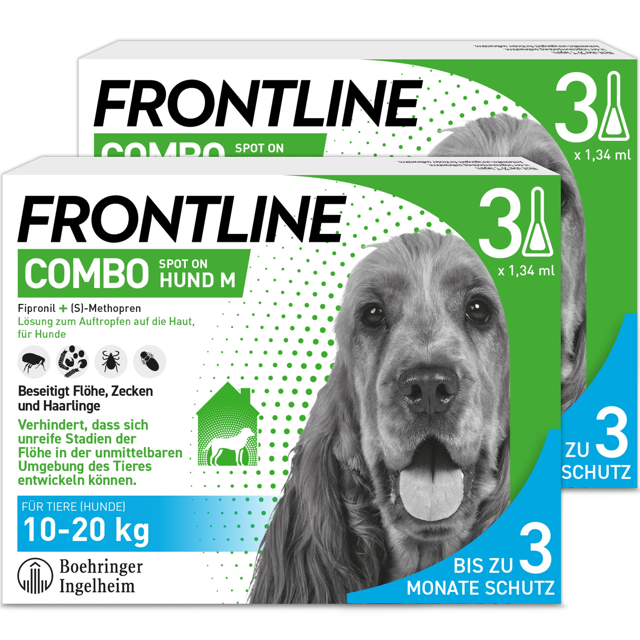 FRONTLINE Combo Hund M gegen Zecken, Flöhe & Haarlinge (10 bis 20 kg) | 3x Pipetten (2er Pack) für bis zu 6 Monate Schutz - gegen Floheier, Larven & Puppen im Haushalt - wasserfest