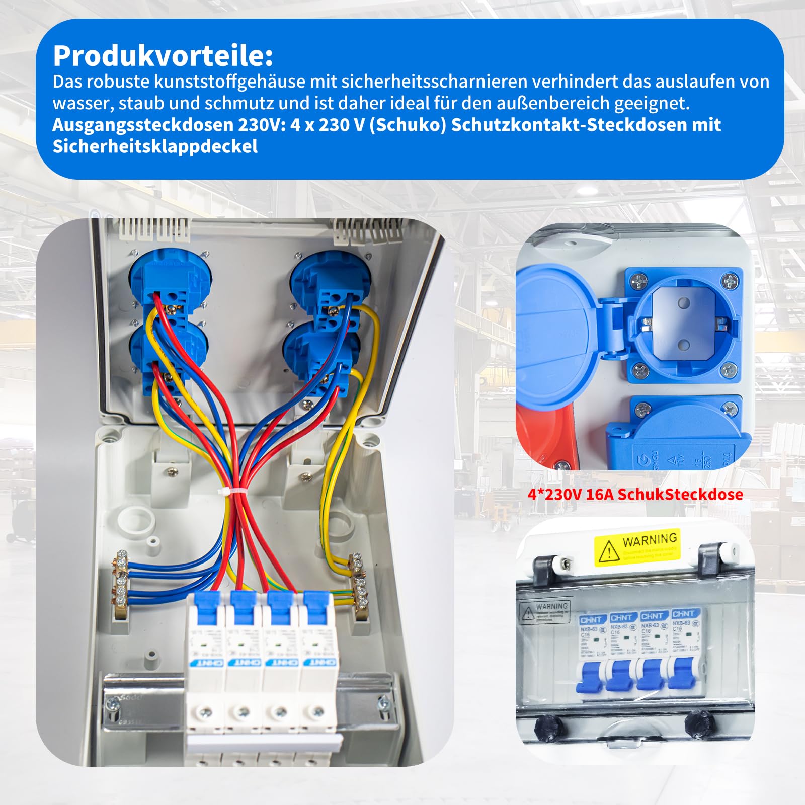 Baustromverteilerkasten 16A, 230V Stromverteiler, Wandverteilerkästen IP65 Baustromverteiler, Schalter Steckdose Aufputz, Starkstrom Verteiler, Aufputz Verteiler für Indoor/Outdoor-Bereich