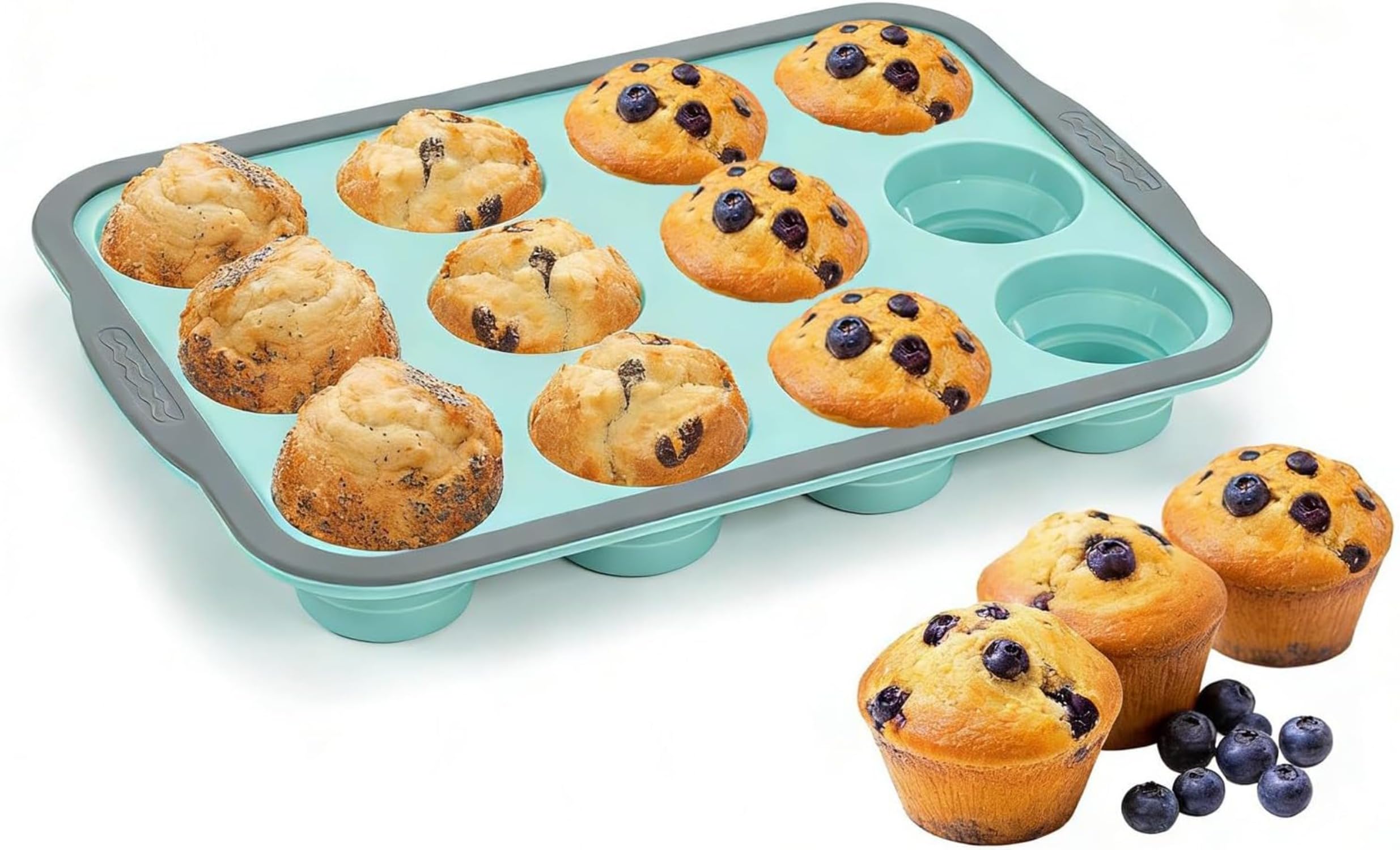 Bandeja de silicona para magdalenas, 12 tazas, antiadherente con marco de metal, plegable y ahorra espacio, apto para horno, lavavajillas, congelador, molde para hornear magdalenas, pasteles, sin BPA