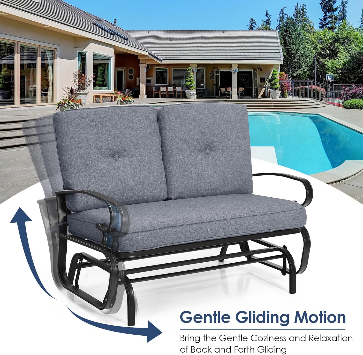 HAPPYGRILL Outdoor Swing Glider Bench Patio Loveseat Glider with Comfortable Cushions, 2 Persons Rocking Glider Chair for Porch Balcony Garden Poolside, Grey