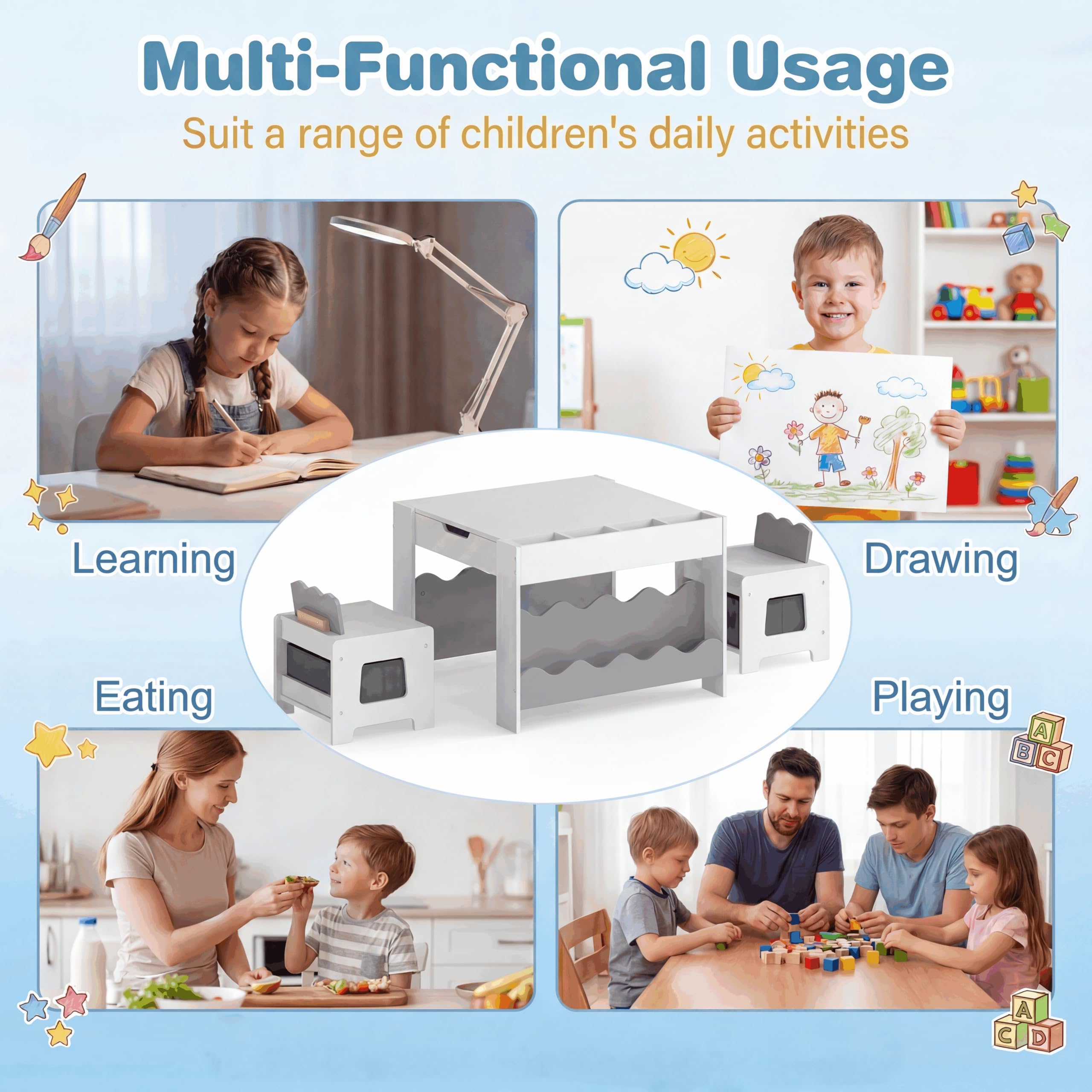 LIFEZEAL Mesa Infantil con Silla y Pizarra Negra (Gris) | Bandeja Doble Cara, Cajones y Estantes, Juego Educativo con Almacenamiento, para Niños 3 Años