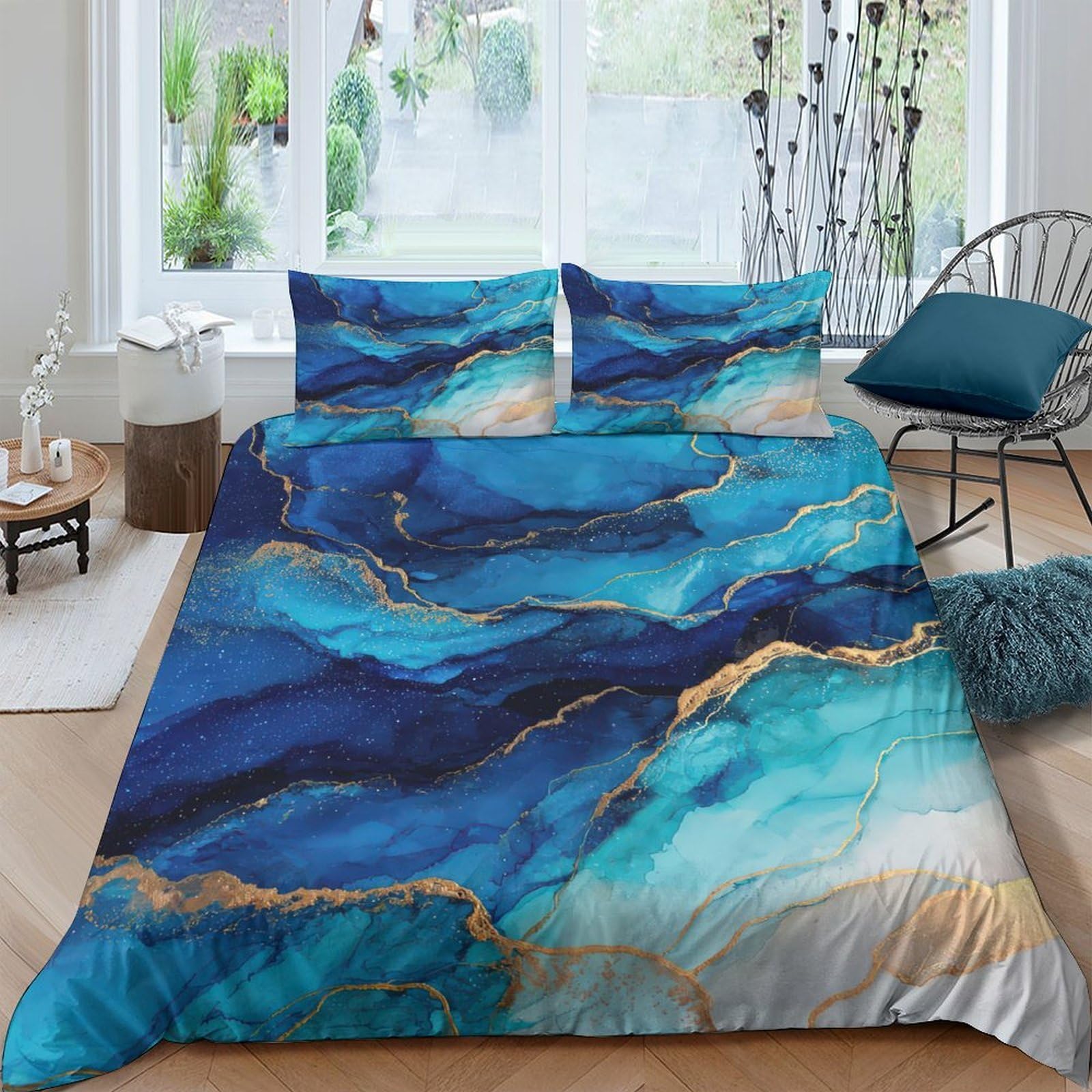 Ctjqhvkz Style-1 3D Printed Ocean Marble Fitted Sheet Microfiber Soft Blue Gold Abstract Mattress Cover For Bedroom Guestroom Decor Single（135X200cm）