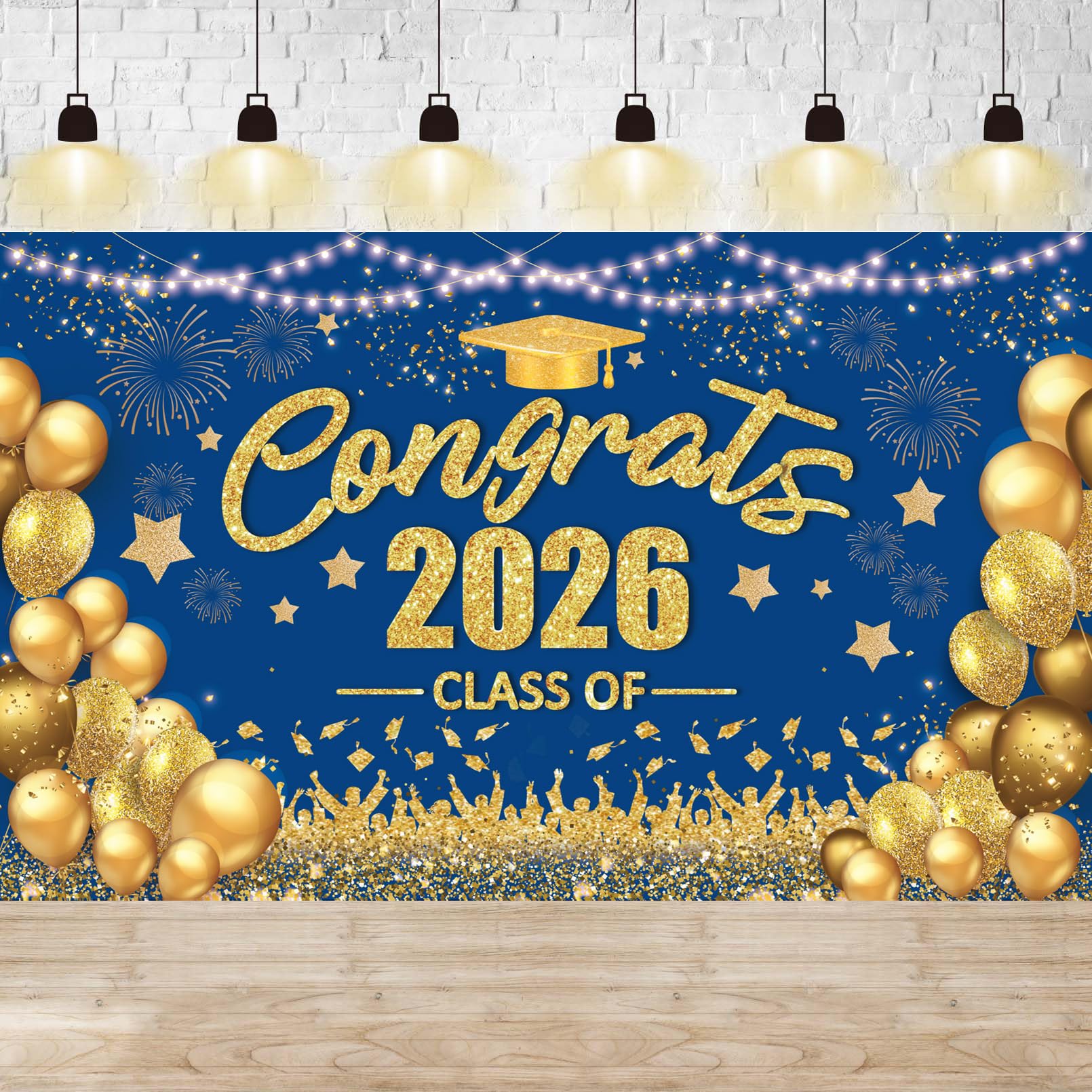 Congrats Class of 2026 Banner Blue Gold Graduation Decorations - Large 2026 Graduation Backdrop, Gold Congratulations Banner Grad Party Decorations