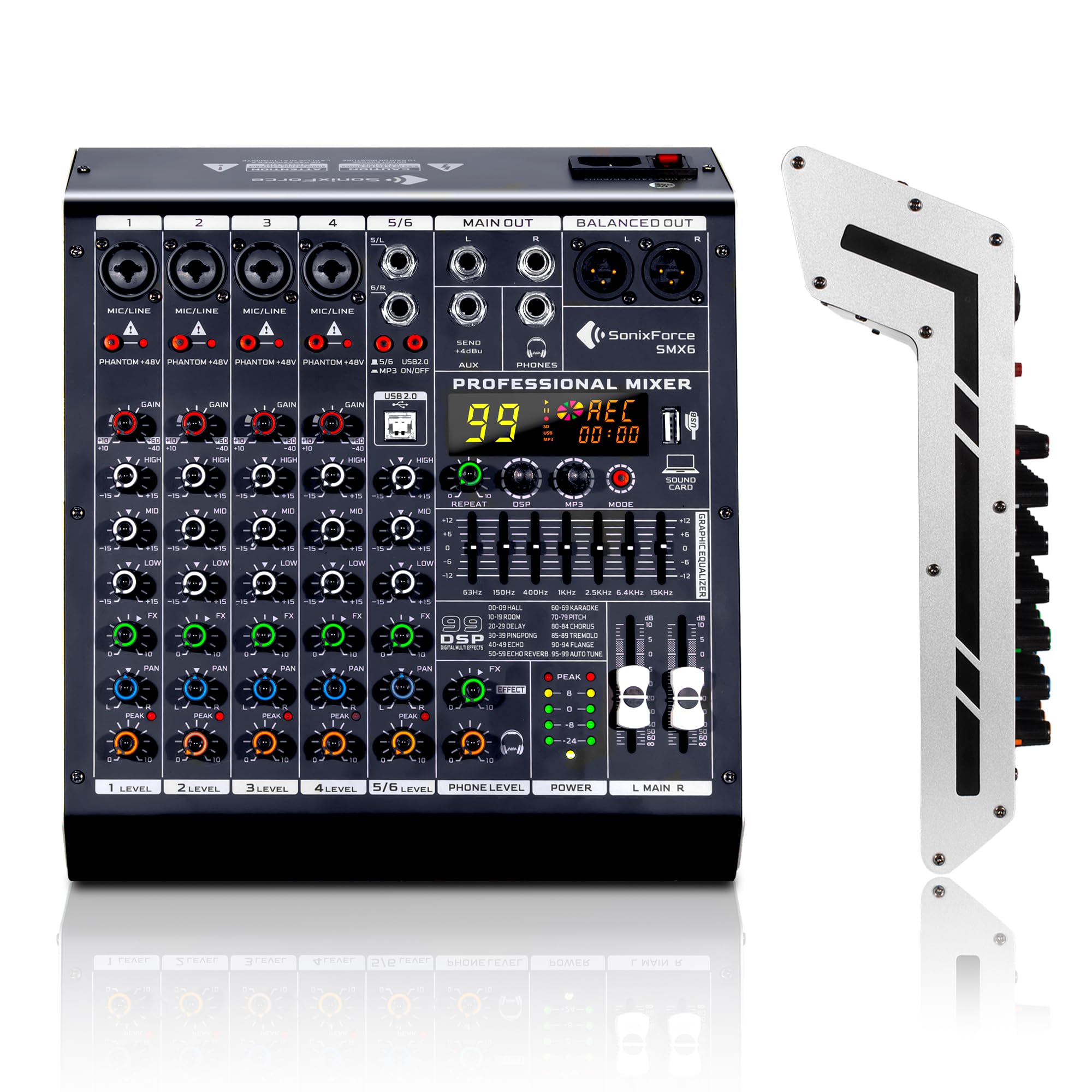 Table de mixage professionnelle 6 canaux Interface numérique USB MP3 Entrée 48 V Phantom Power Stereo DJ Studio FX Châssis en acier, noir Bluetooth USB Audio Mixer pour PC