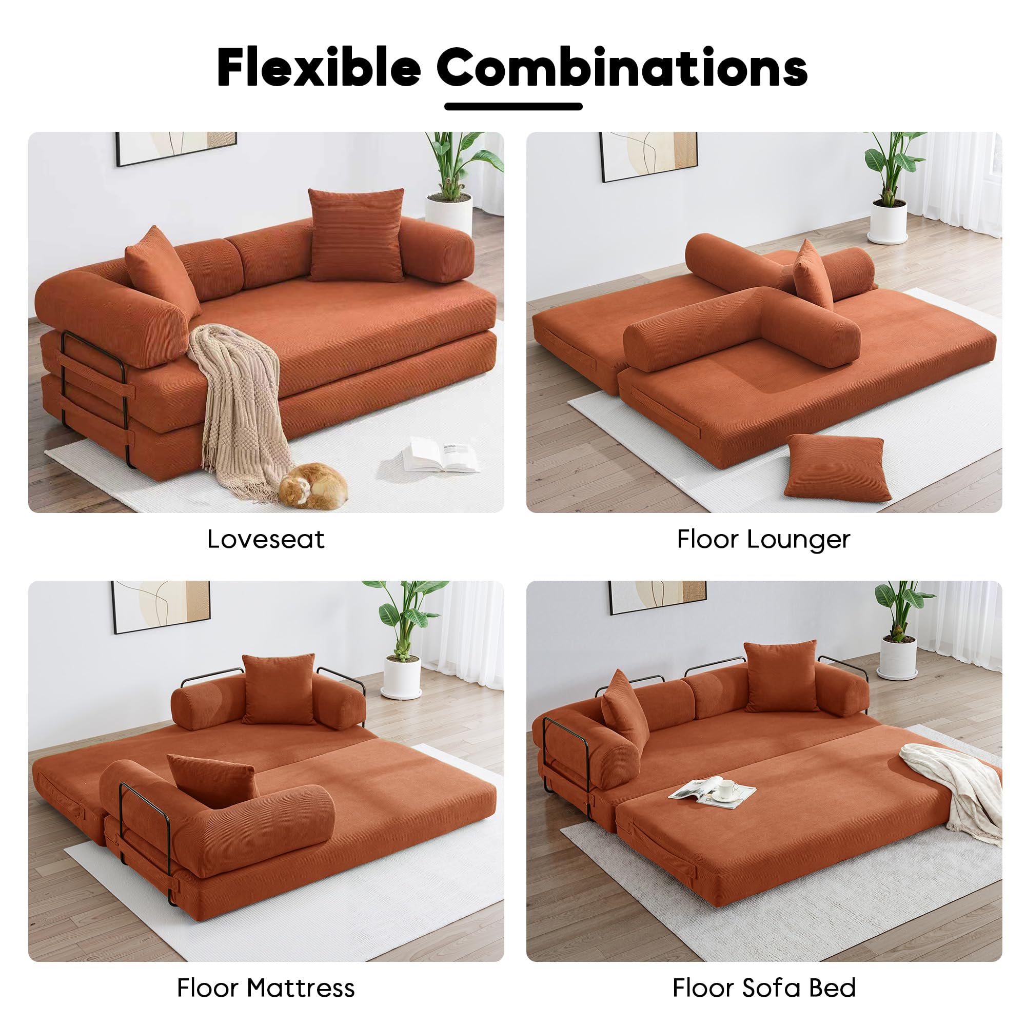78" Convertible Futon Sofa Bed, Boneless Couches for Living Room, Orange | Corduroy Loveseat Sleeper Futon Sofa Bed, Modular Sectional Sofa, Boneless Couch, Pull Out Couch, No Assembly Required