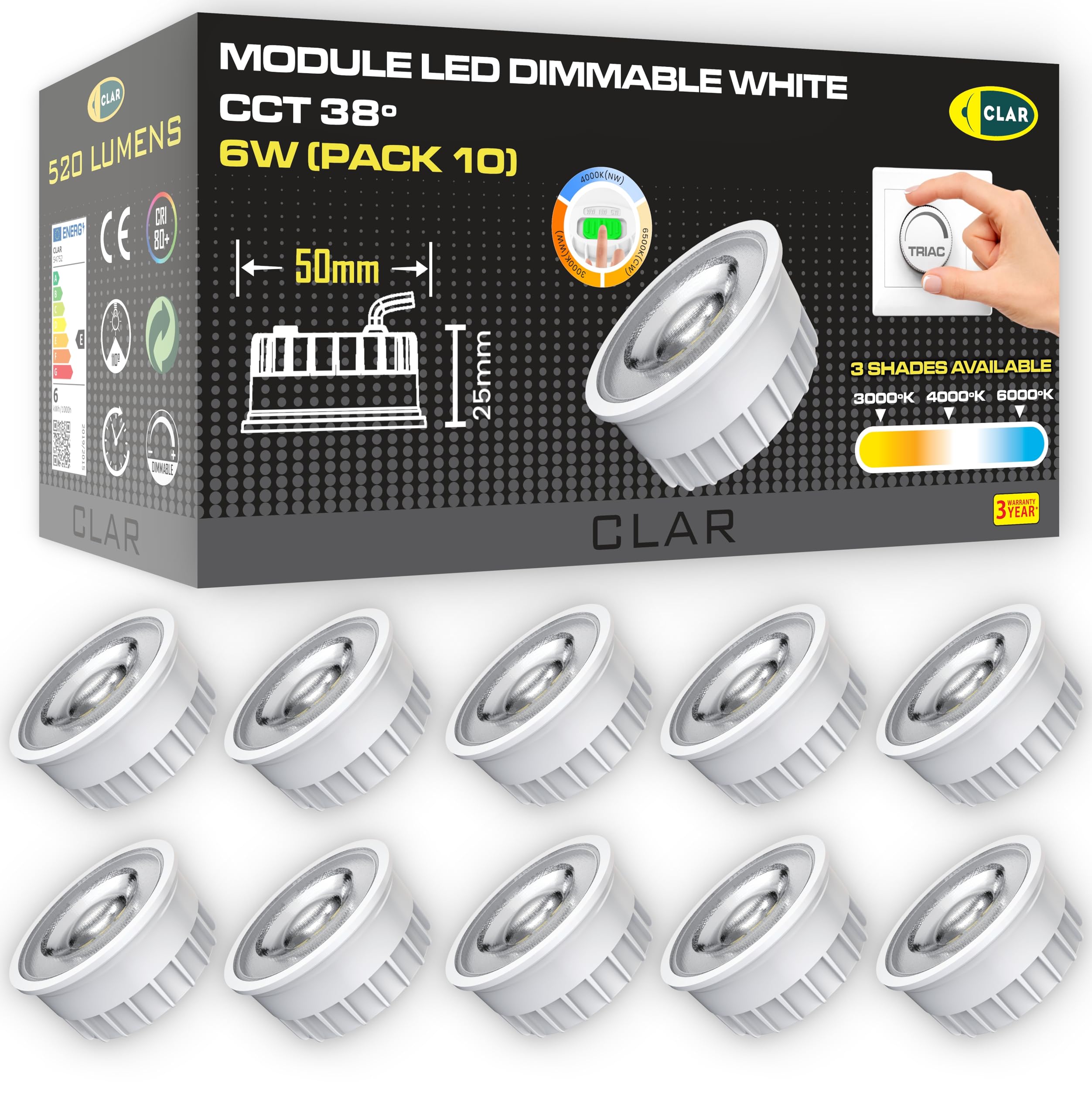 CLAR - LED Modul 230V, Einbaustrahler LED, Deckenstrahler, LED Einbaustrahler 230V, Deckenspots, Spots Dekenleuchte, Badbeleuchtung, Deckenleuchte Dimmbar, Einbauleuchten White 6W CCT 38º (Pack 10)
