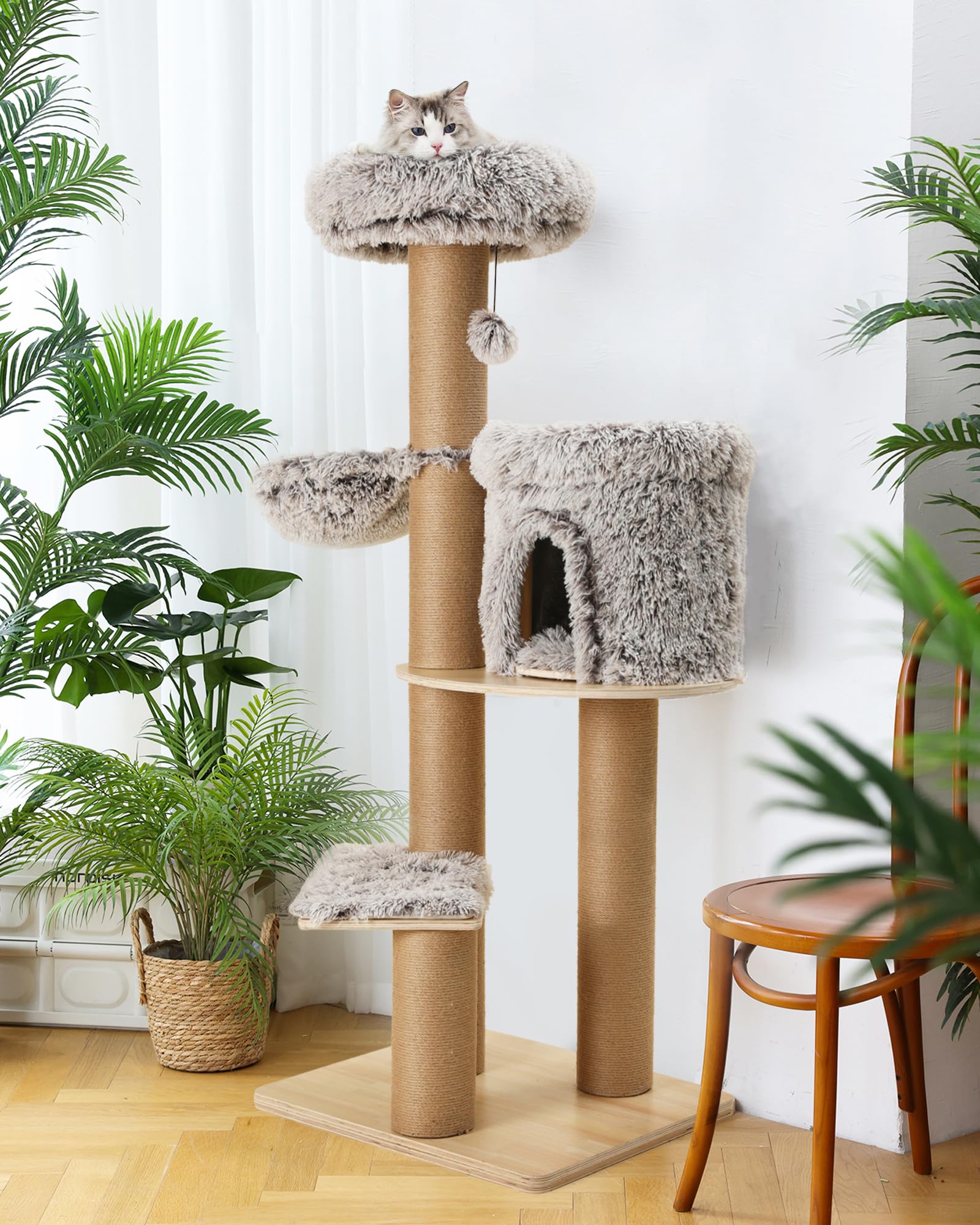 FUKUMARU Kratzbaum für Katzen,155cm Katzenbaum mit sechs 20 cm dicken Kratzsäulen aus Jute, Plüsch-Multi-Level-Katzenkondo abnehmbar, Katzenbaum aus natürlichem