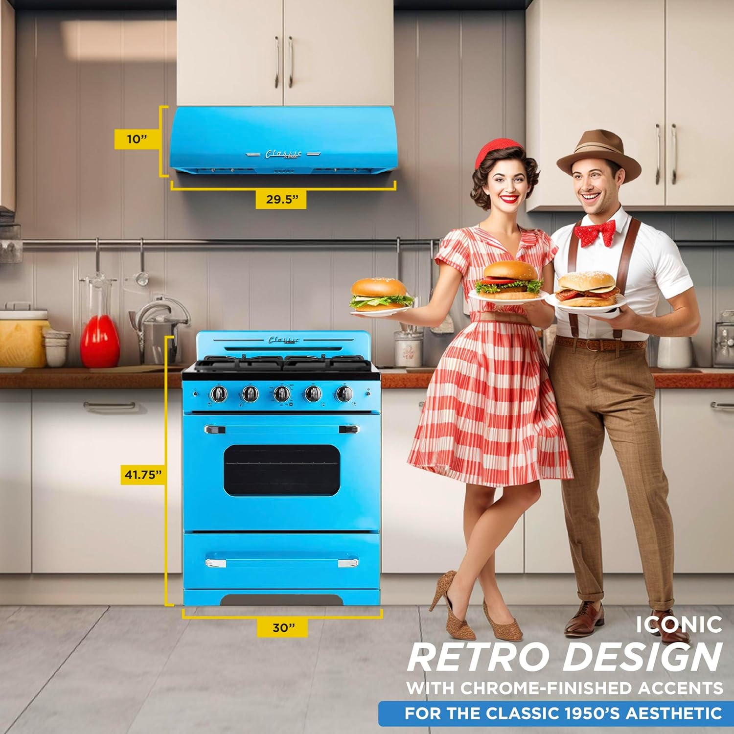 Unique Appliances UGP-30CRP-RB Classic Retro 2-Piece Freestanding Gas 3 Fan Speed-Electric Hood, Range with Convection Oven and 4 Burners, 30", Ocean Mist Turquoise