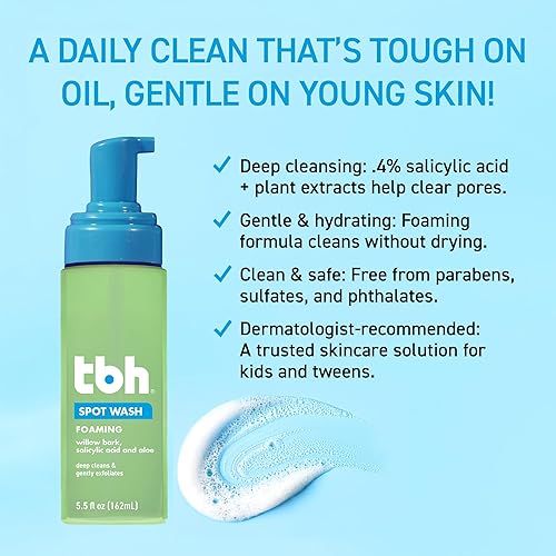 Miniatura 3 de TBH Kids Spot Foam Face Wash - Limpiador diario suave para preadolescentes y adolescentes - Ácido salicílico y corteza de sauce para pieles grasas y